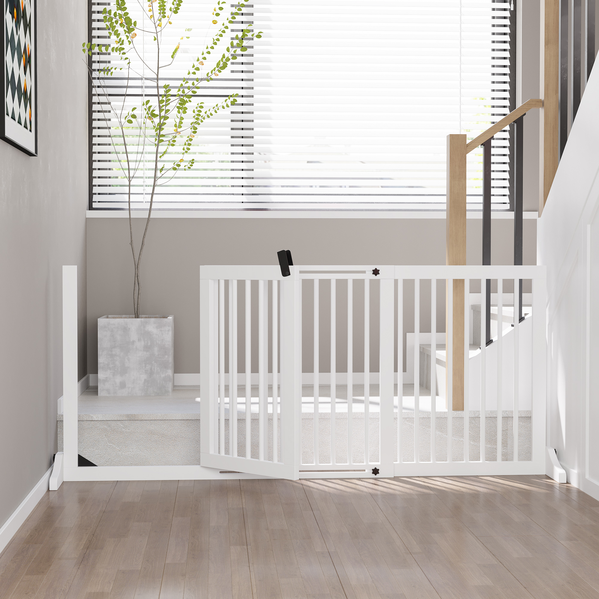 Absperrgitter Hunde Türschutzgitter Schutzgitter aus Holz Freistehendes Hundegitter mit Tür Hundeabsperrgitter Konfigurationsgitter für Kamin & Ofen Weiß 113-166 x 36 x 71 cm