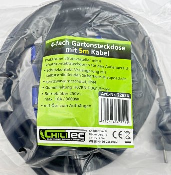 Werkstatt-Steckdose, 4-fach, 5m Kabel, IP44, mit Aufhänger, H07RN-F 3G1,5mm²