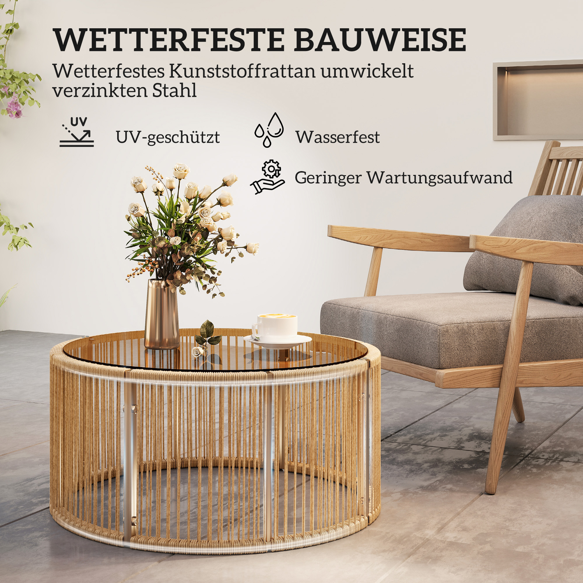 Beistelltisch aus Polyrattan Kaffeetisch mit gehärteter Glasplatte Gartentisch mit Stahlrahmen 70 x 70 x 33 cm Braun