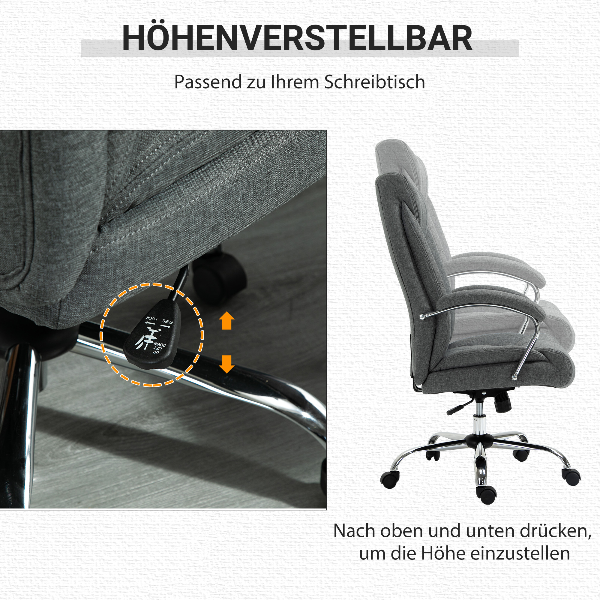 Bürostuhl mit Wippfunktion ergonomischer Stuhl mit gepolsterte Armlehne Kopfstütze höhenverstellbarer Schreibtischstuhl Drehstuhl mit Rückenlehne Nylon Grau 65 x 78 x 110-118 cm