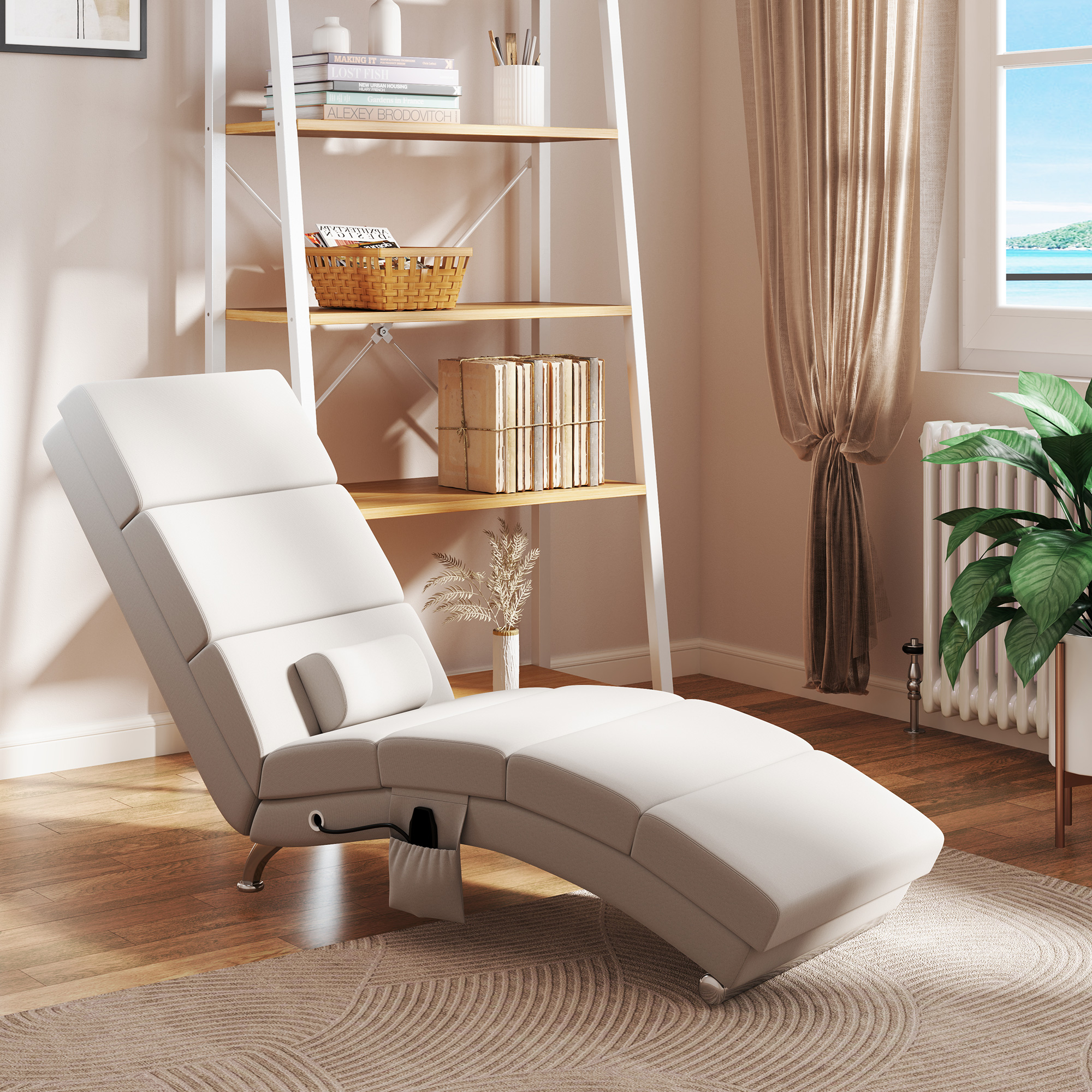 Relaxsessel Elektrisch Massagesessel mit Liegefunktion Wärmefunktion Vibration Lendenkissen 56 x 168 x 84 cm Cremeweiß