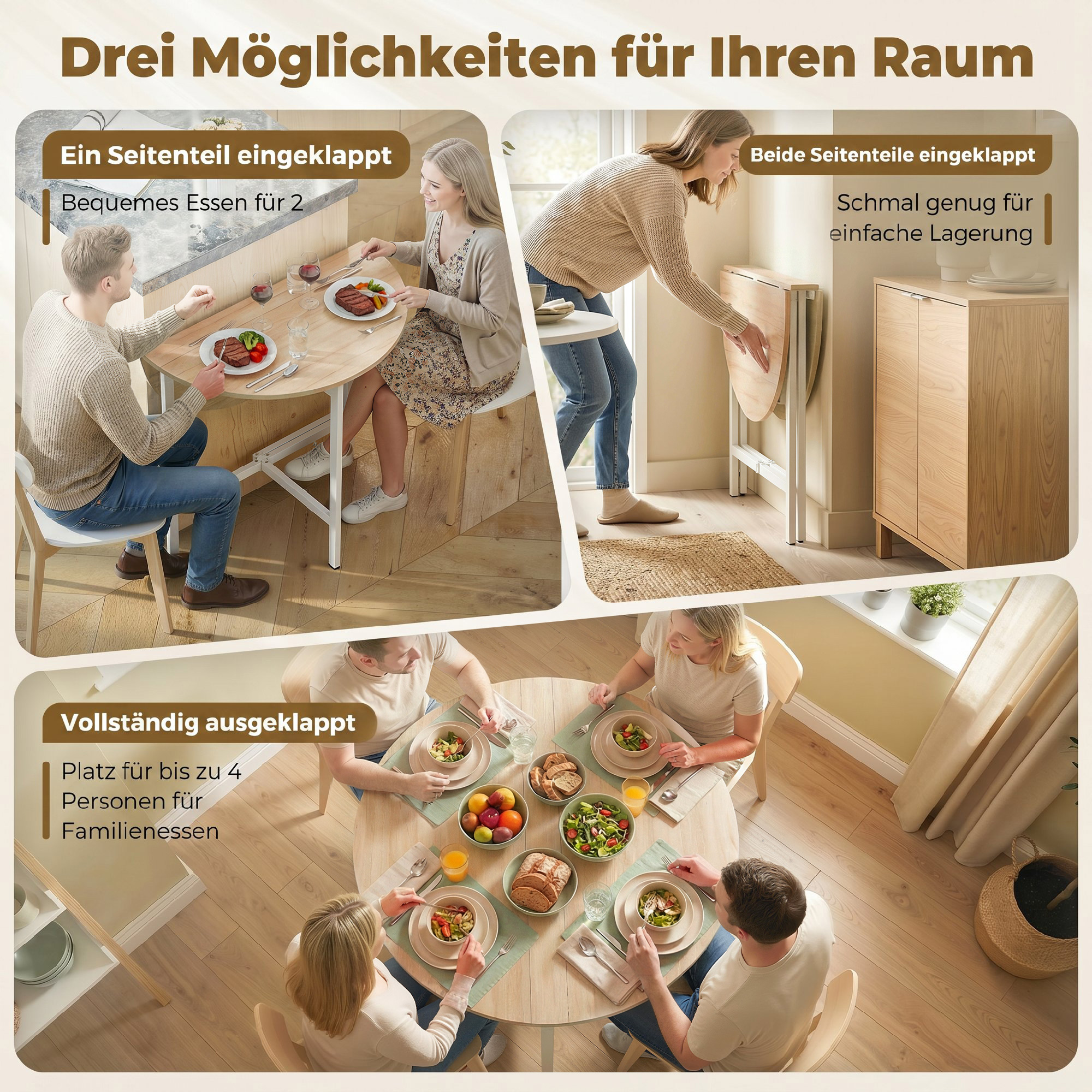 klappbarer Esstisch, 80 cm Runder Klapptisch mit Stahlrahmen, Platz für 2-4 Personen, Naturholz-Optik