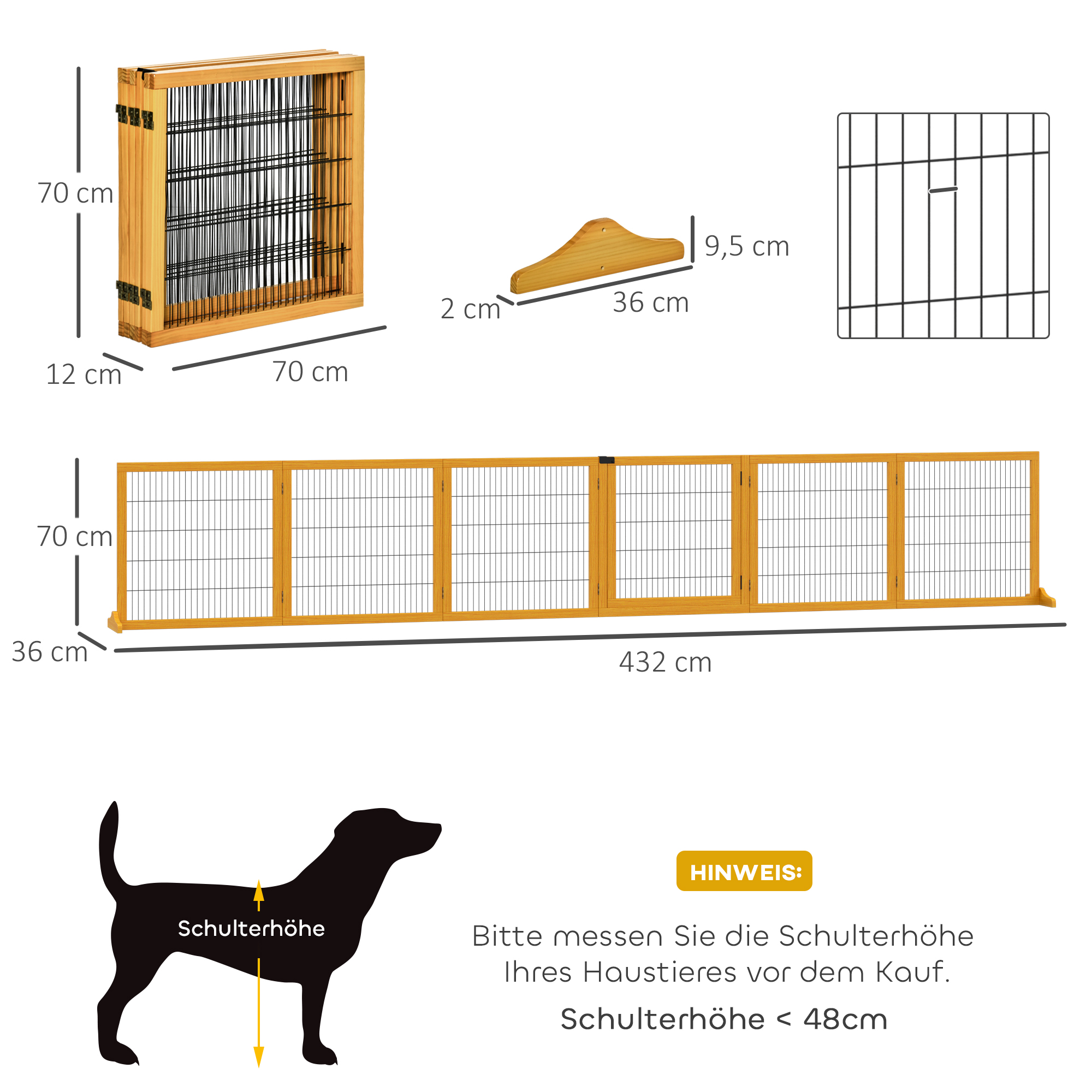 Absperrgitter für Hunde, klappbar, 432 x 36 x 70 cm, Kiefernholz, Gelb