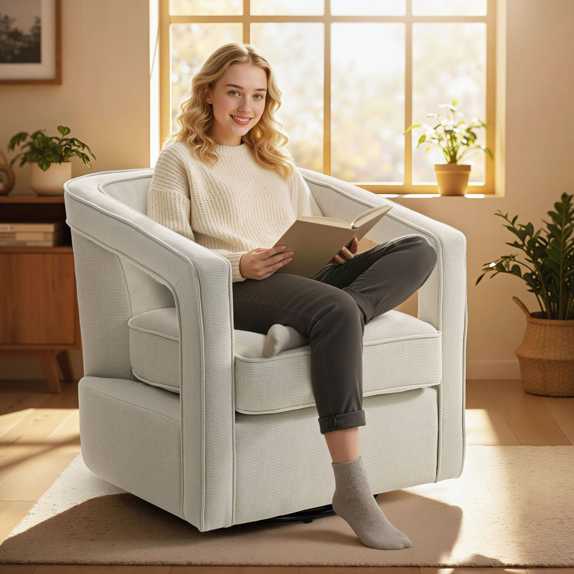 Sessel Wohnzimmer 360° drehbar Loungesessel Relaxsessel mit einteilig Rückenlehne und Armlehnen 77 x 75 x 72 cm Beige