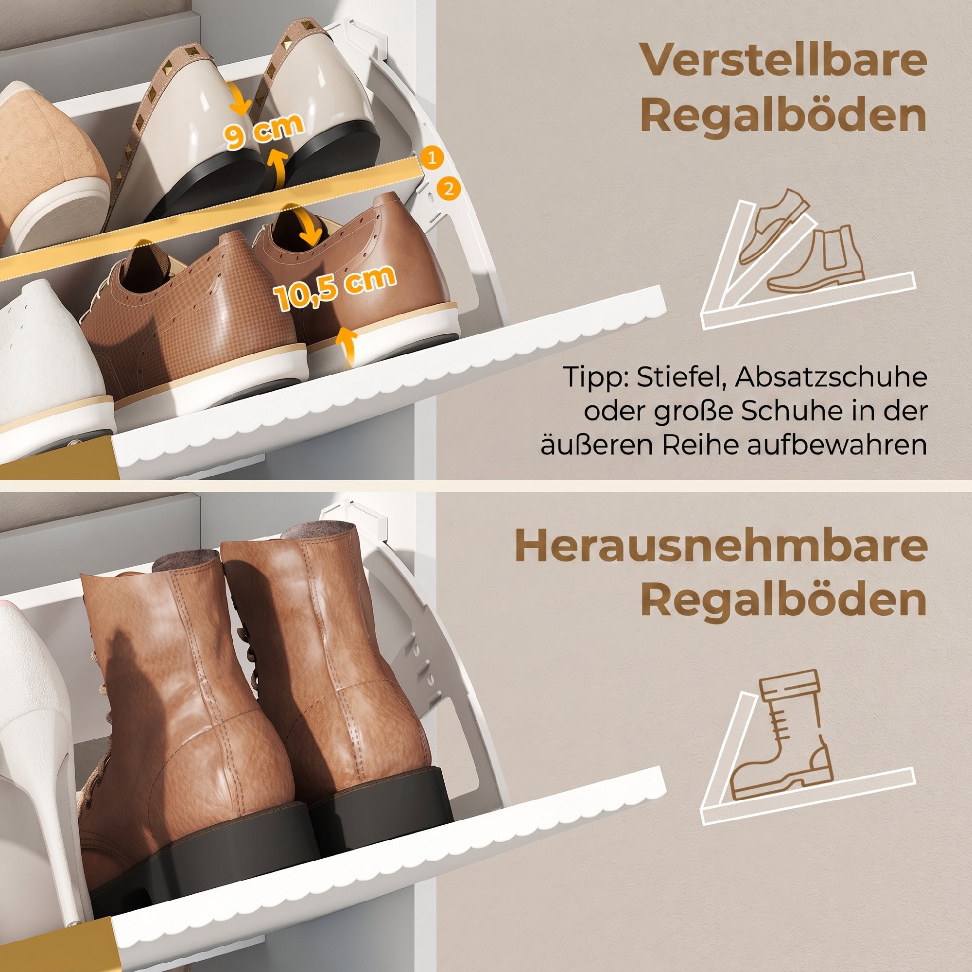 schmaler Schuhschrank mit 2 Klappfächern und Ablagefläche für Flur und Eingangsbereich, Weiß