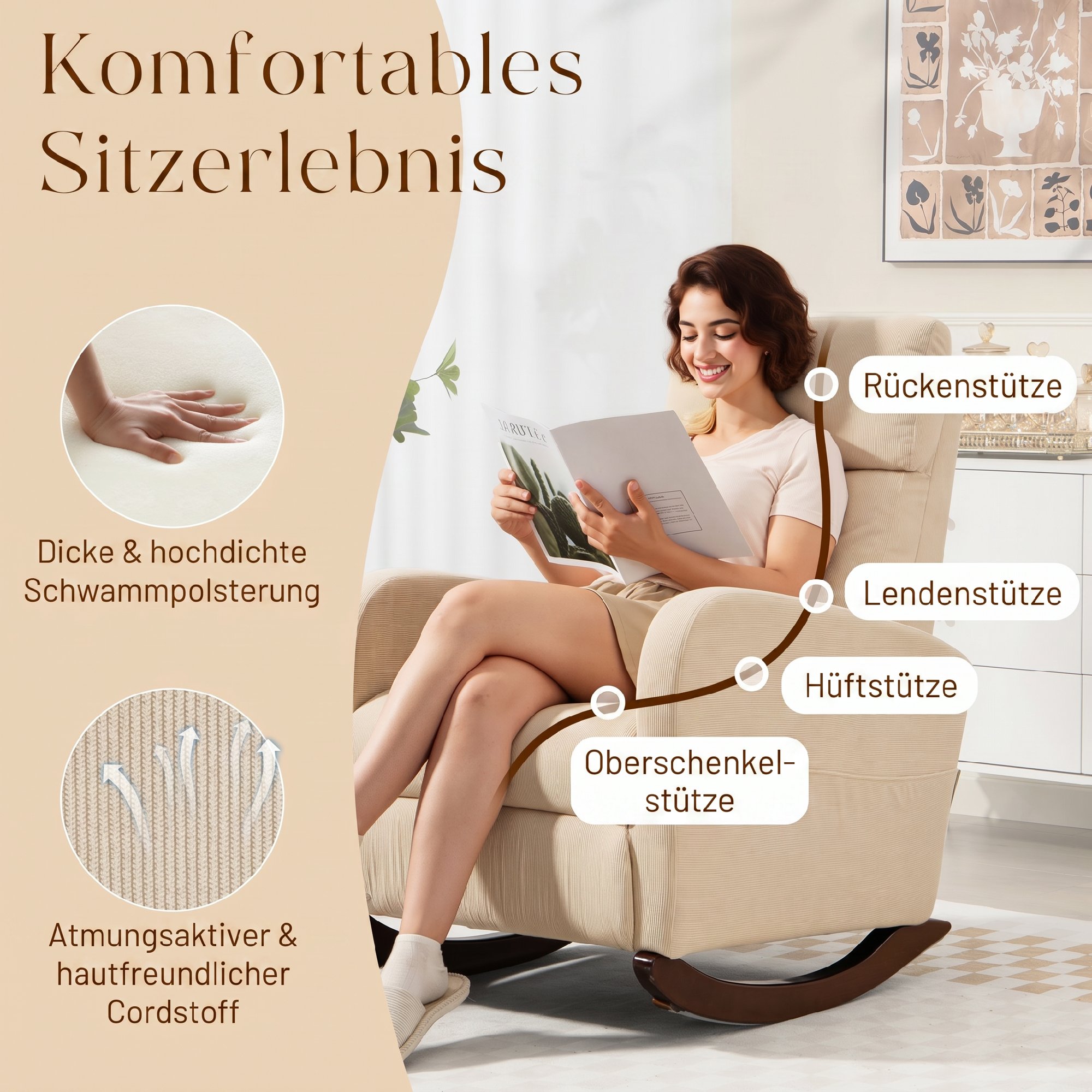 Schaukelstuhl, gepolsterter Schaukelsessel mit Cordstoff, Seitentaschen für Wohnzimmer, Schlafzimmer, Beige