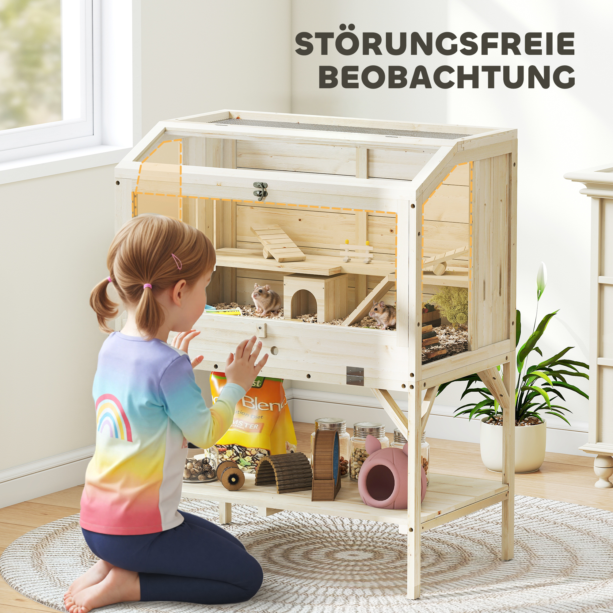 Hamsterkäfig, 2 Ebenen, Kleintierkäfig mit Aufbewahrungsfach, Zubehör, 84 x 53 x 110 cm, Naturholz