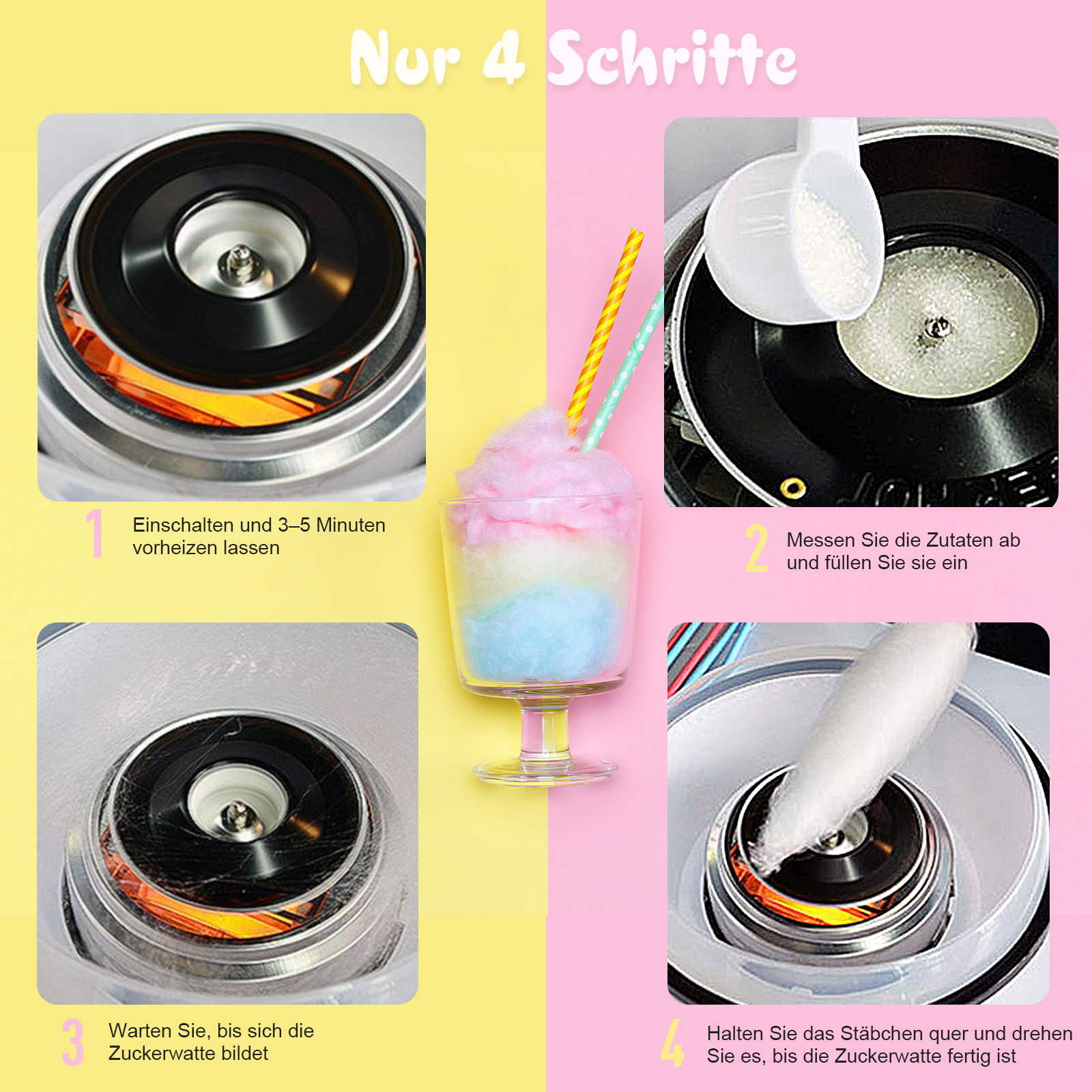 Zuckerwattemaschine für Zuhause Cotton Candy Machine Zuckerwatte Maschine mit Stäbchen und Messlöffel Höhe 18 cm 550W für Kinderfest, Geburtstag, Party Rosa