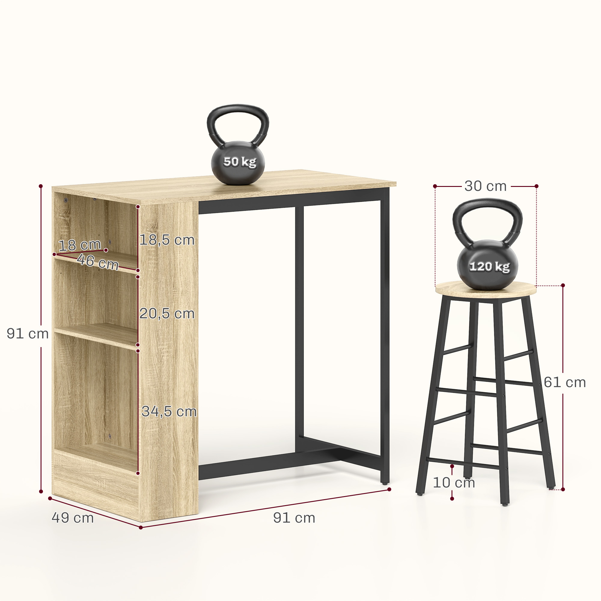 3-teiliges Bartisch-Set, 1 Tresen, 2 Stühle, mit Stauraum und Fußstützen, platzsparend, Hellbraun+Schwarz