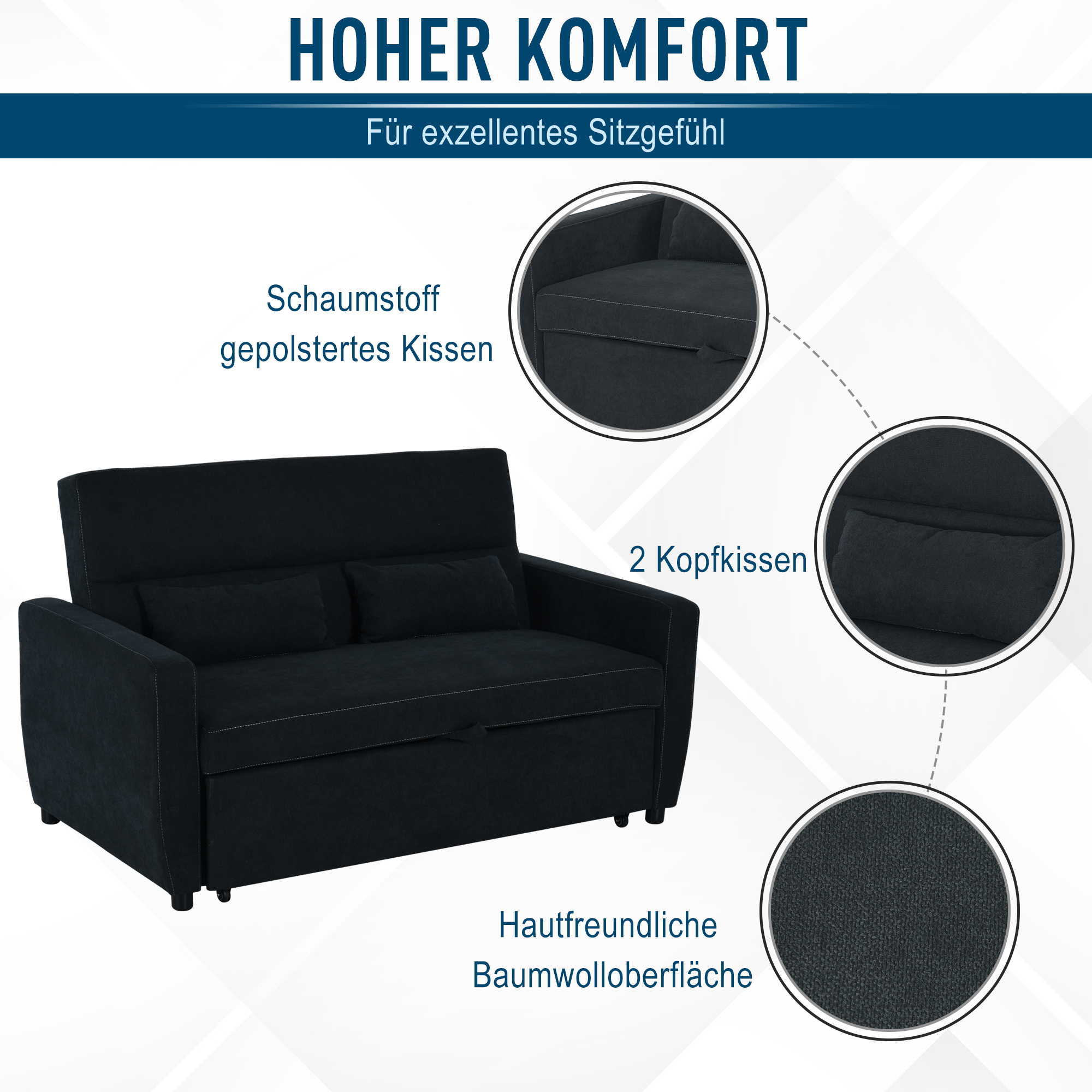 2-Sitzer Sofa mit Bettfunktion, verstellbarer Rückenlehne, Polstersofa, Samtoptik, für Wohnzimmer, Schlafzimmer, Schwarz
