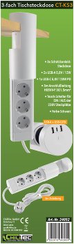 3-fach Tischsteckdose "CT-KS 3" / USB-A + C, 20W PD, 3m Kabel, Weiß