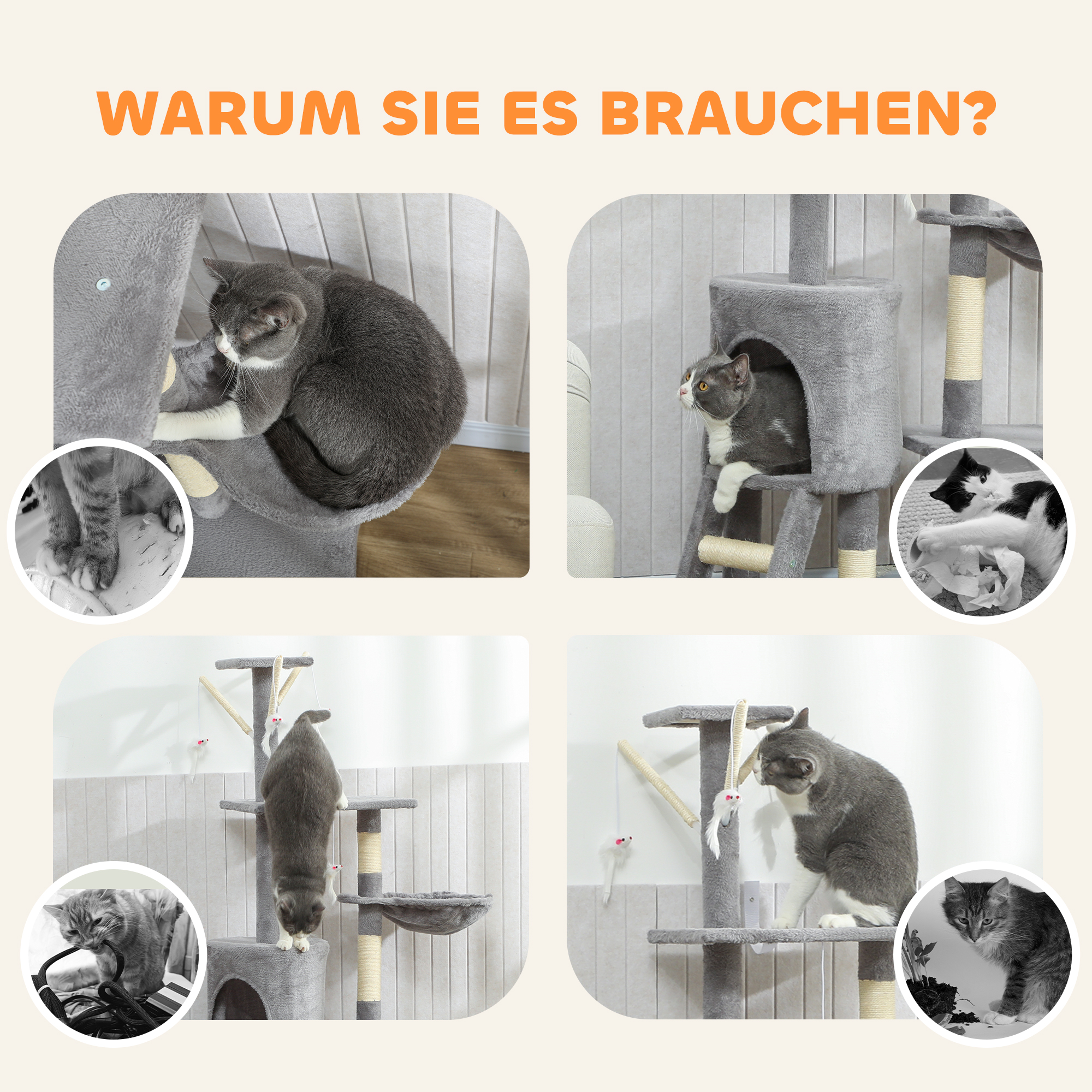 Kratzbaum Katzenbaum mit Höhle, 4 Spielzeuge, Sisalstämme, große Plattform, Treppe, für Katzen unter 5 kg, Grau