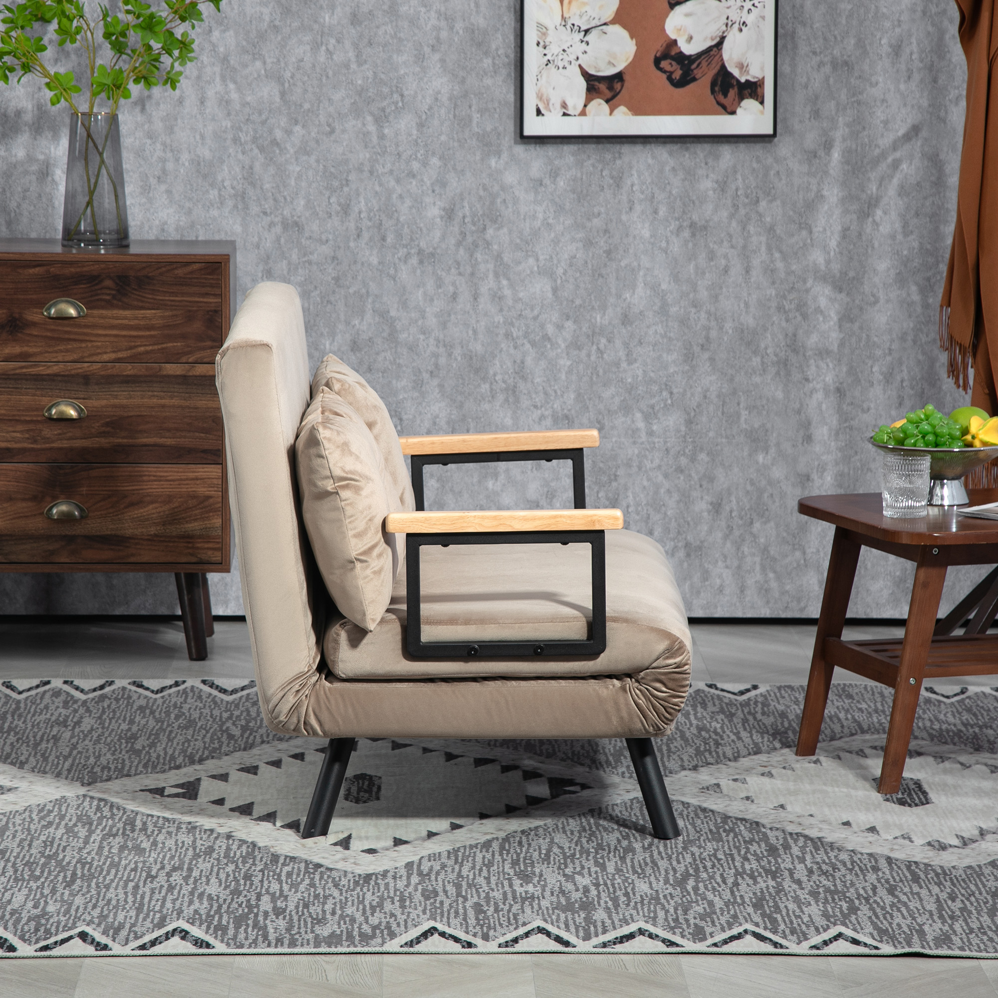 Schlafsessel, Gästebett, Holz-Armlehnen, metallrahmen, bis 120 kg, 102x73x81cm, Hellbraun