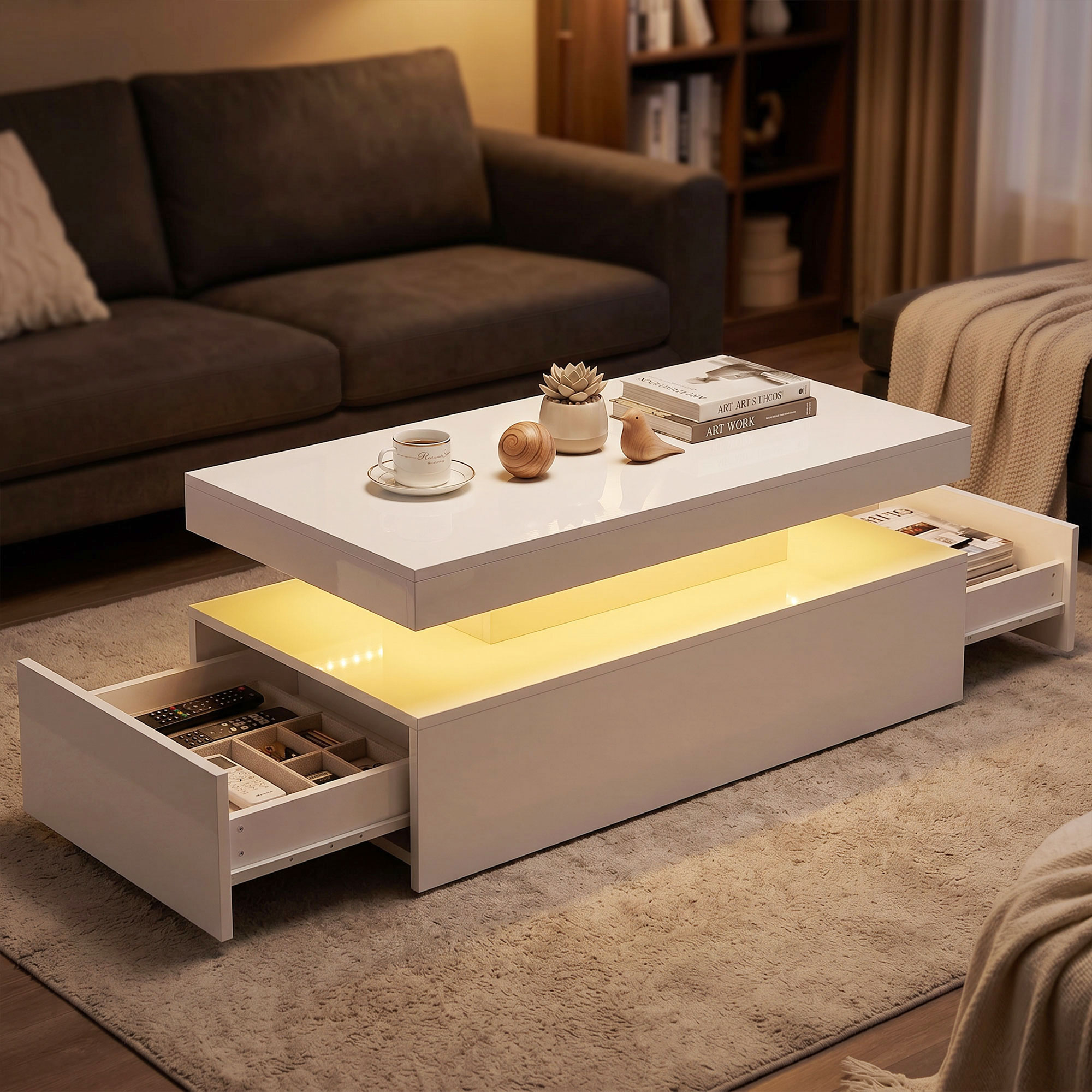 LED Couchtisch mit Stauraum, Moderner 2-Ebenen Wohnzimmertisch mit 2 Schubladen, Hochglanz Weiß