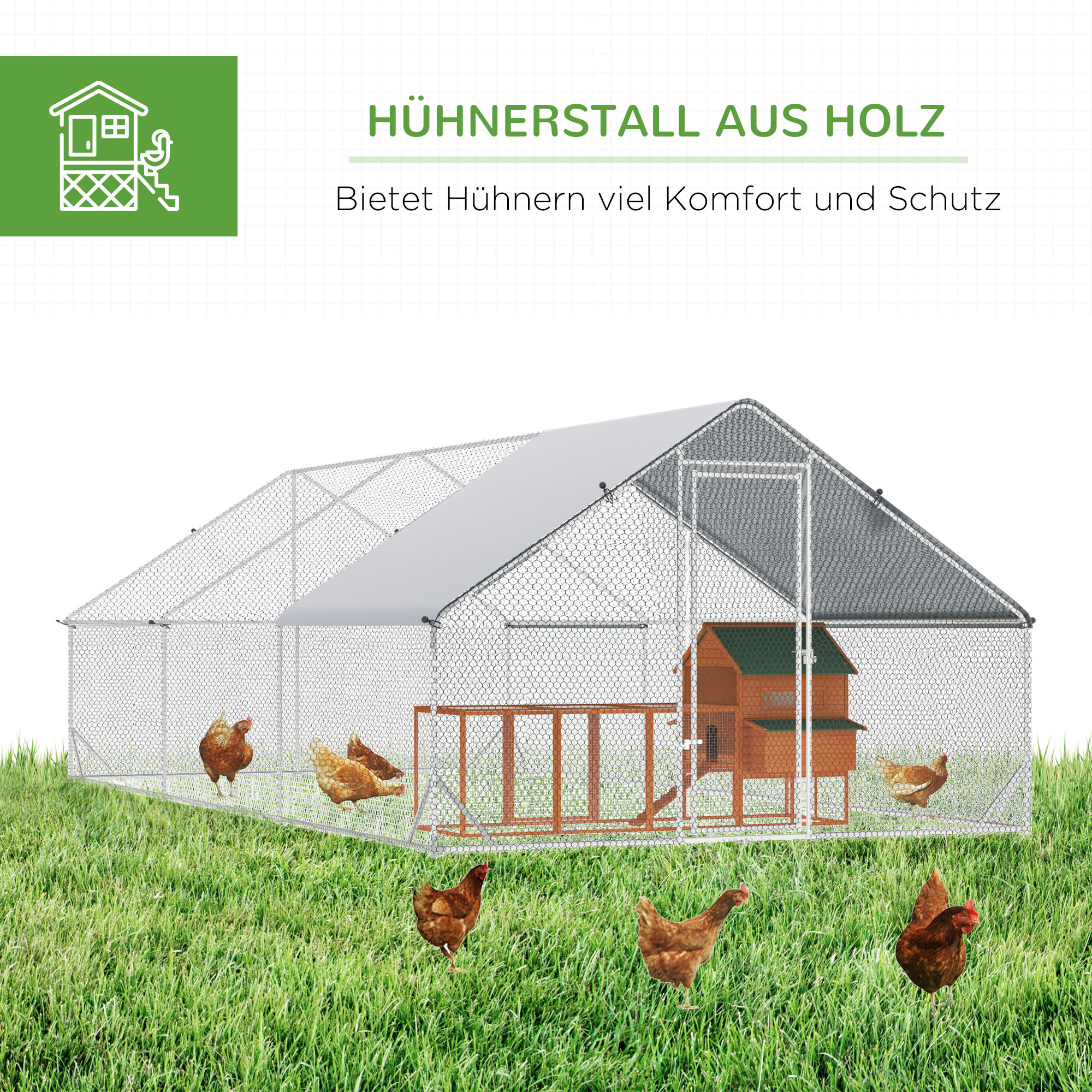 Hühnerstall, Freilaufgehege, Geflügelstall mit Schattendach, Freigehege für 4-6 Hühner, Enten Kaninchen, 3 x 2 x 2 m