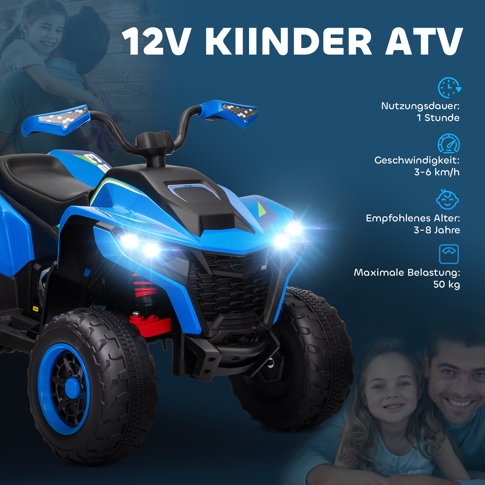 Elektroquad für Kinder, 3-6 km/h, LED-Scheinwerfer, Musik, USB, für 3-8 Jahre, Blau
