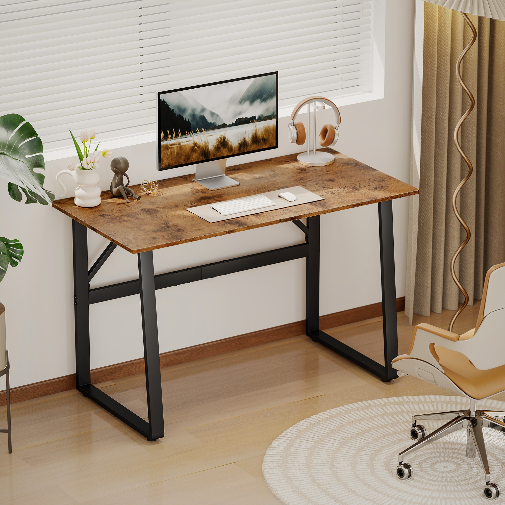 Schreibtisch Computertisch mit Stahlrahmen Bürotisch PC Tisch 120x60x76cm Rustikal-Braun+Schwarz