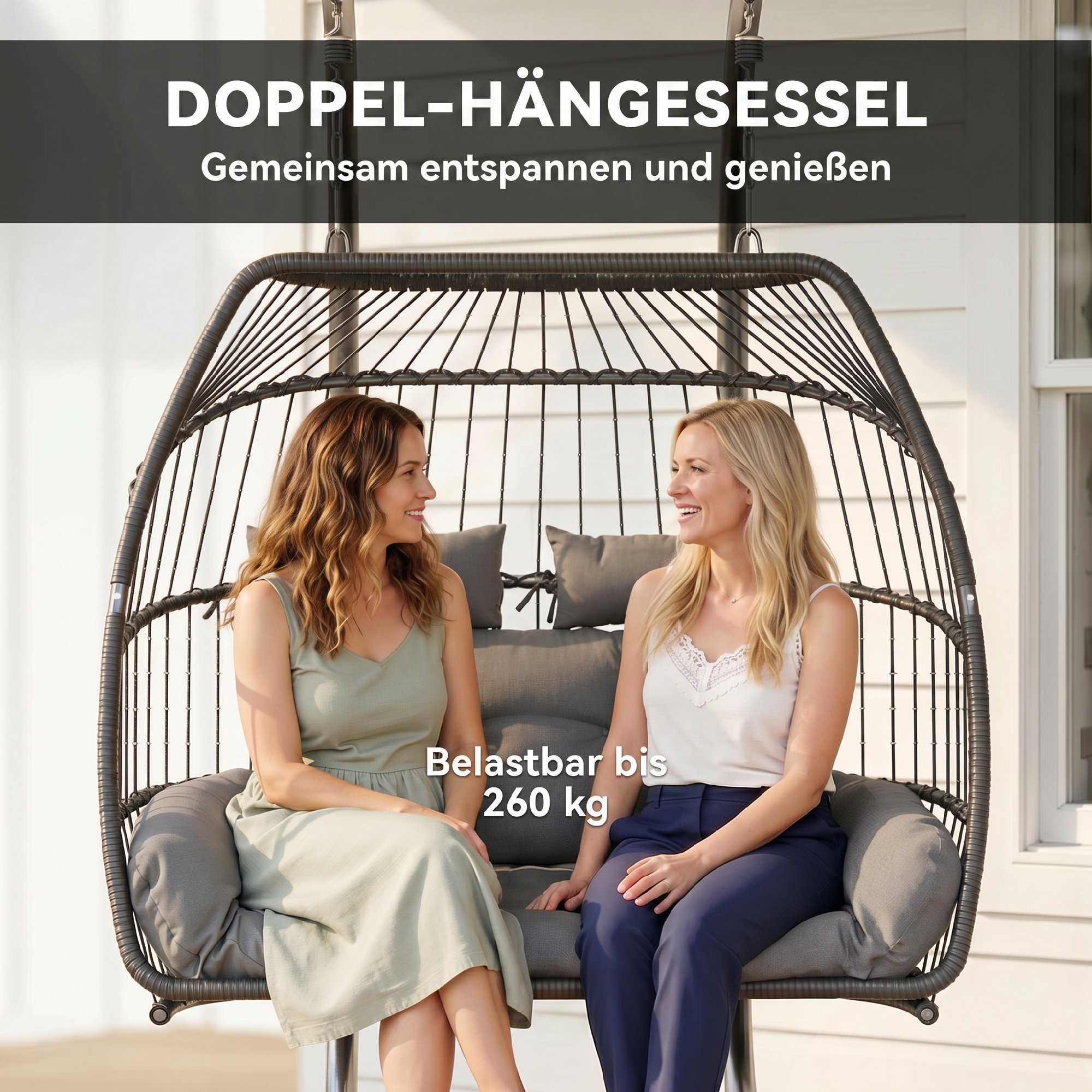 Hängestuhl, faltbarer Korbstuhl mit Kissen, Stahlrahmen, für drinnen und draußen, bis zu 260 kg belastbar, Dunkelgrau
