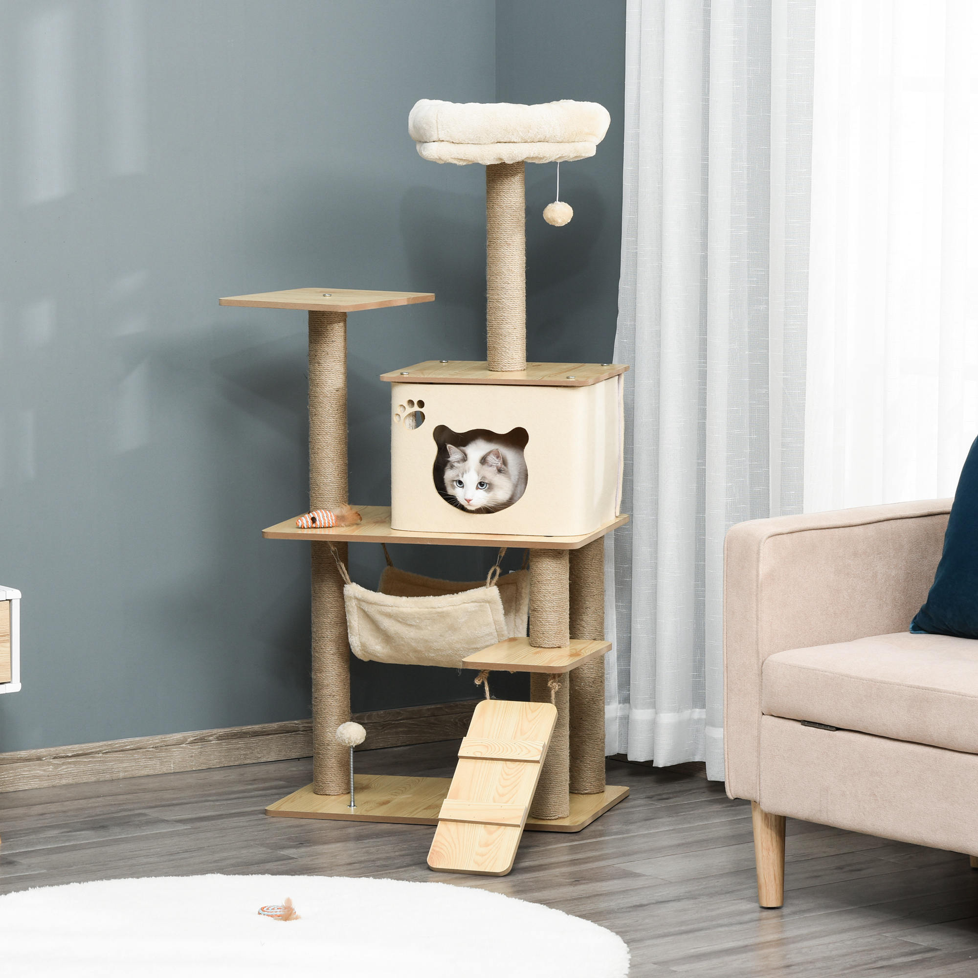 Kratzbaum Katzenbaum für Katzen Kletterbaum aus Holz mit Katzenhöhle Jutestämmen großer Plattform Spielbälle 130 cm Höhe stabil Plüsch Gelb 60 x 40 x 130 cm
