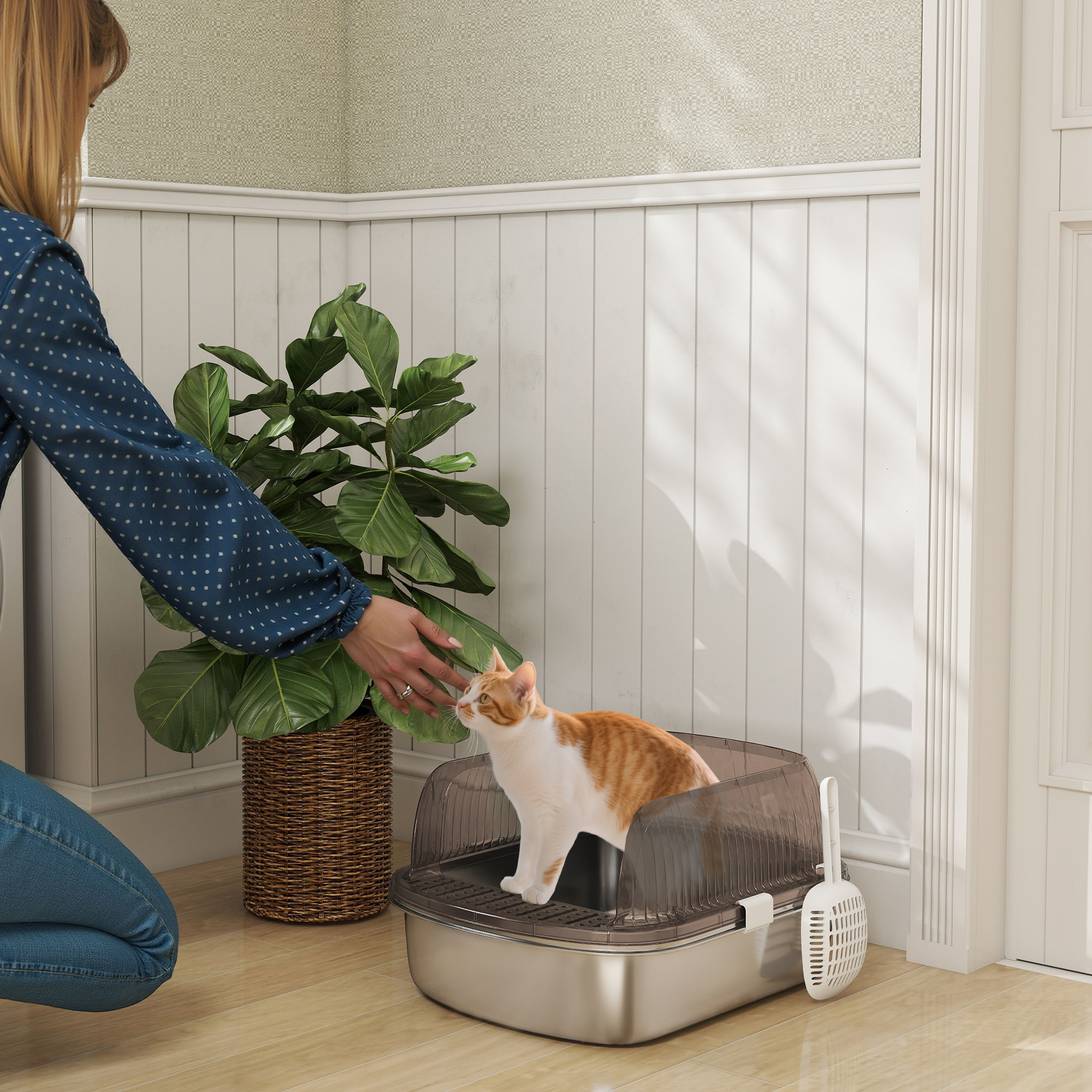 Katzenklo Edelstahl, Katzentoilette mit hohem Rand, Wanne, inklusive Schaufel, für große Katzen, 53x42x27cm, Kohlegrau