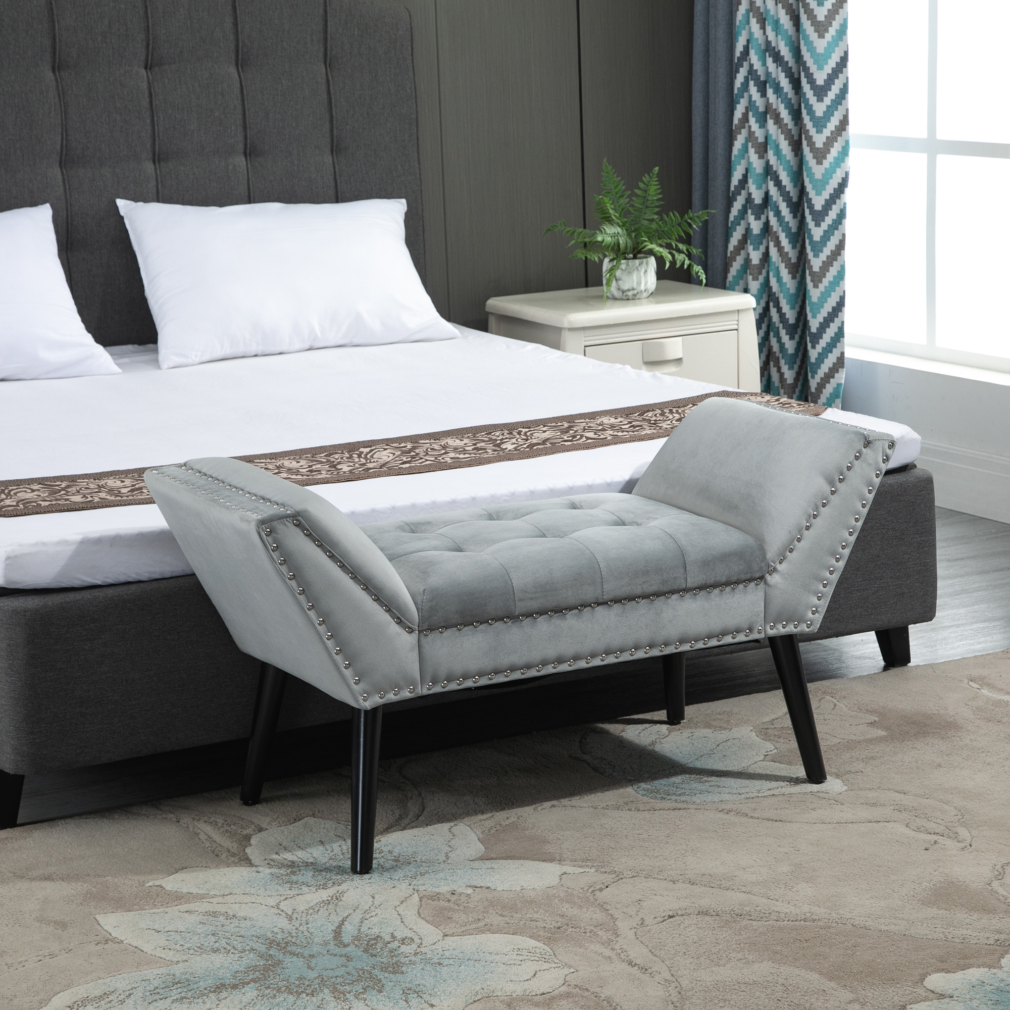 Polsterbank Sitzbank Klavierbank Pianobank mit Samtoptik Bettbank für Schlafzimmer Wohnzimmer, Flur, Gummiholz Hellgrau 114 x 46 x 56 cm