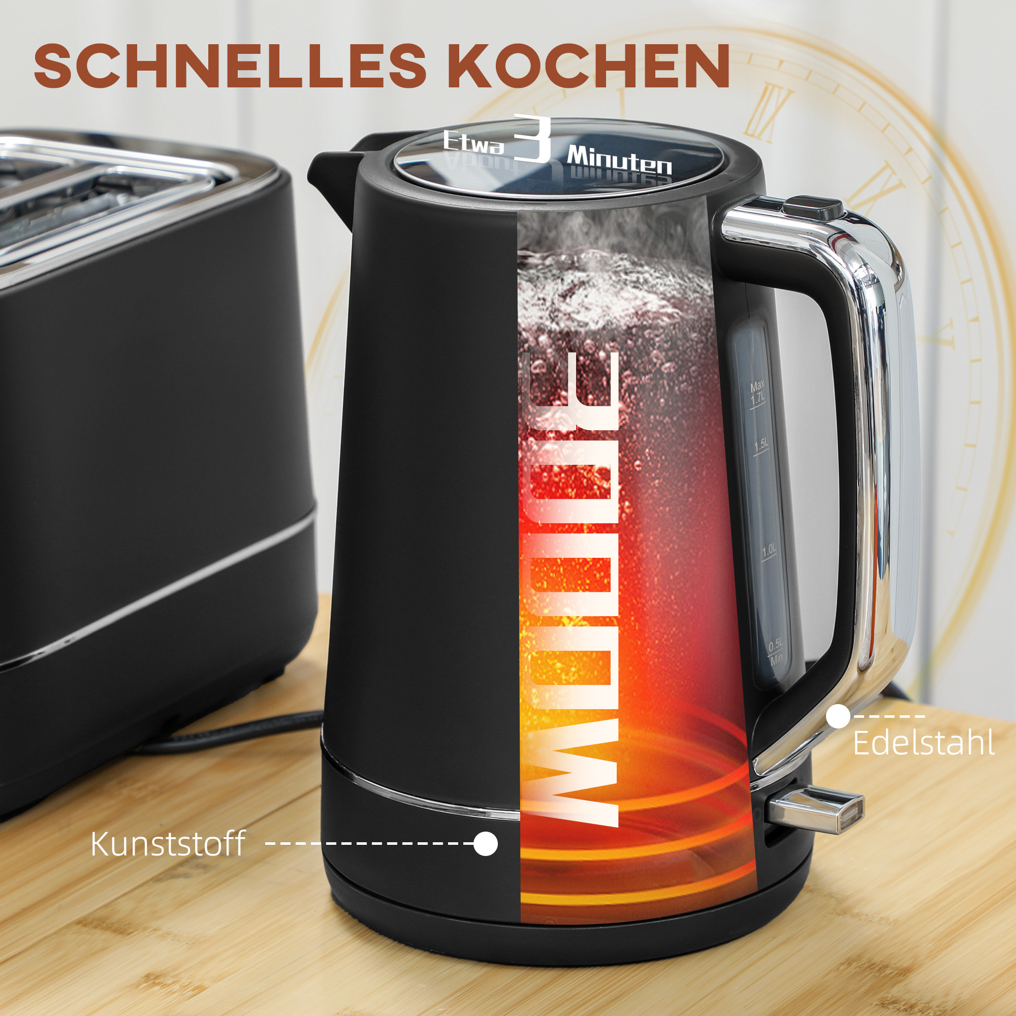 Set aus 1,7 L Wasserkocher und Toaster mit 6 Bräunungsstufen, Schwarz/Stahl