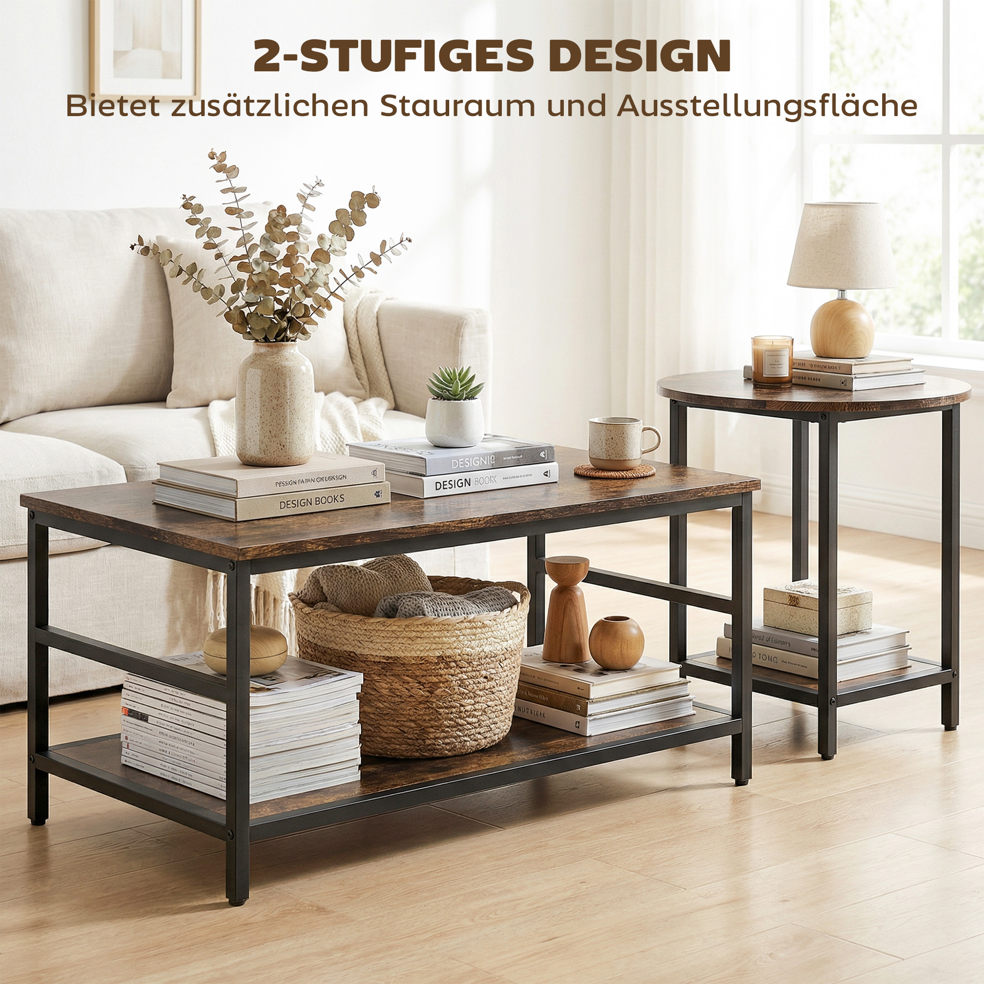 Couchtisch-Set, 2-teilig, rechteckiger und runder Tisch mit 2-stufigem Stauraum, für Wohnzimmer, Rustikal-Braun