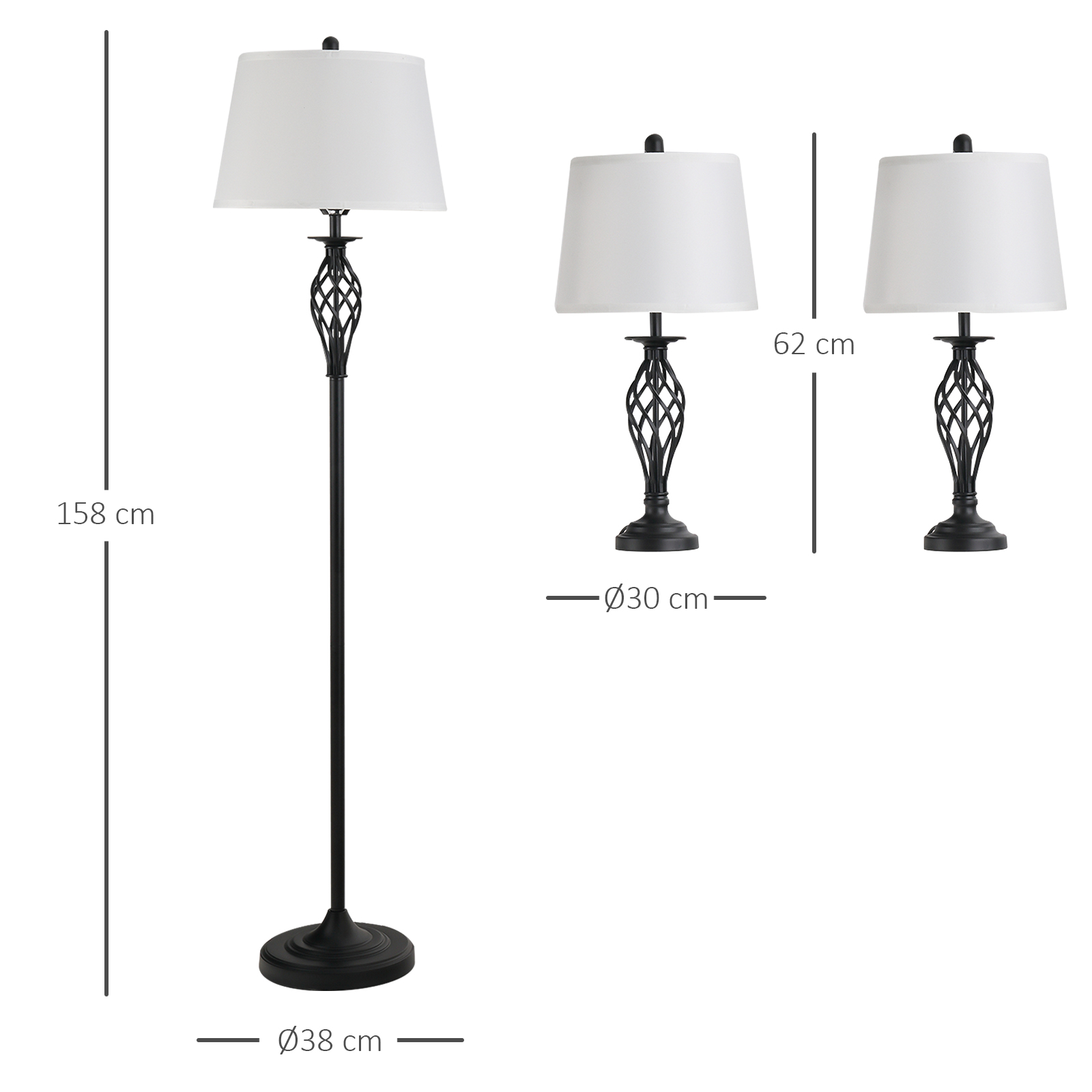 3er-Lampenset 2 Tischlampe(ø38 x 158H cm) + 1 Stehlampe(ø30 x 62H cm) Vintage Standlampe mit Fußschalter Leselampe für Wohnzimmer, Schlafzimmer Metall, Schwarz+Weiß