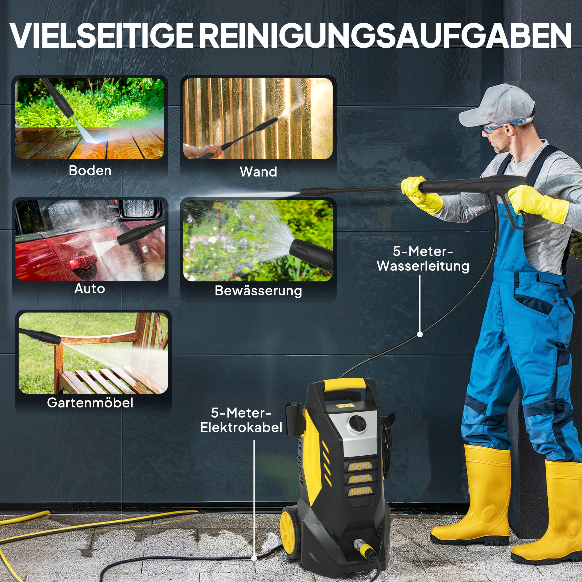 Hochdruckreiniger mit Aluminiumpumpe, 135 bar Maximaldruck 1800W Leistung 540 L/h 5m Schlauch, verstellbare Düse & Griffe