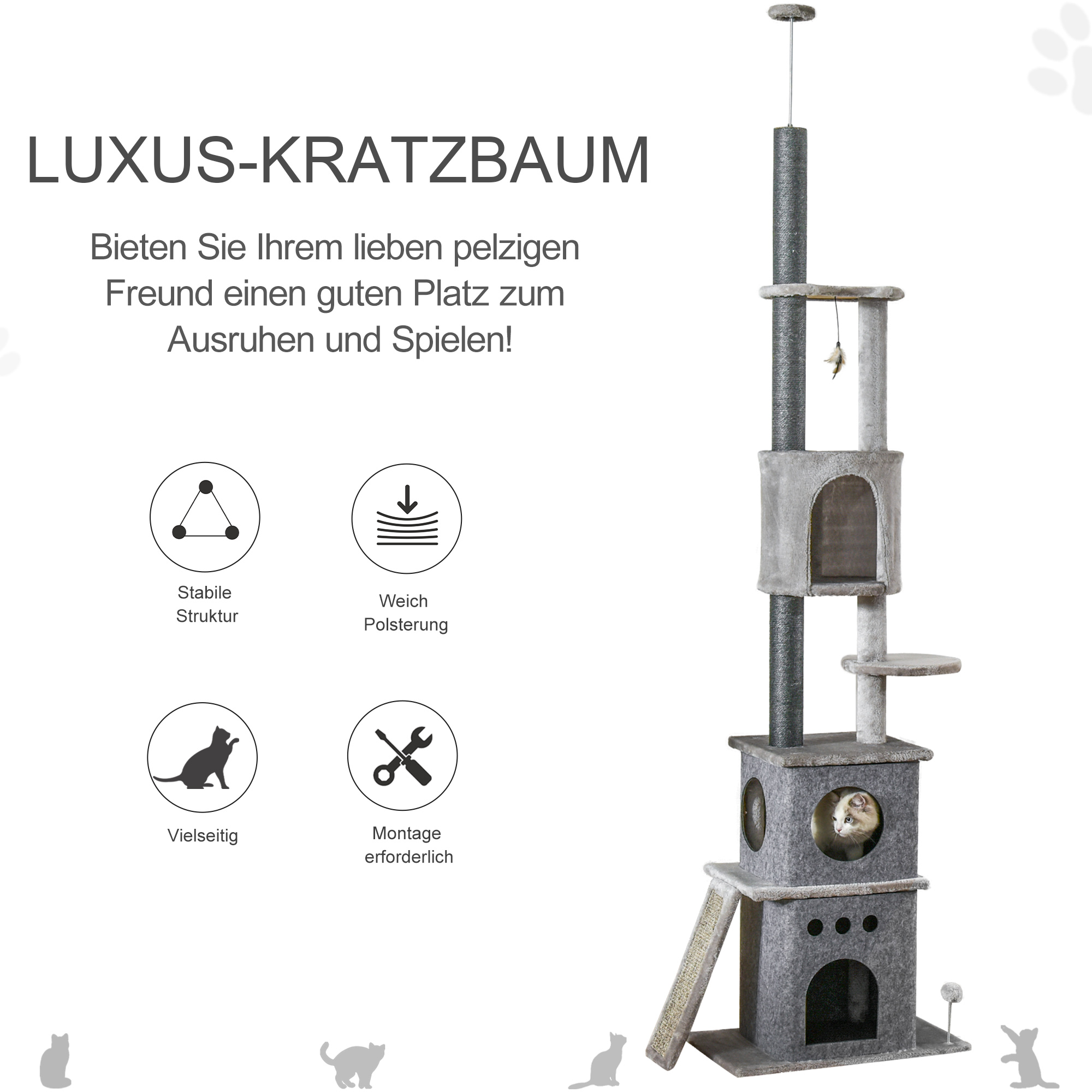 Kratzbaum Deckenhoch Höhenverstellbar 225-255 cm Katzenturm mit 6 Ebenen 3 Höhlen Katzenspielzeug Kratzbrett Katzenkratzbaum für mittelgroße Katzen, Hellgrau