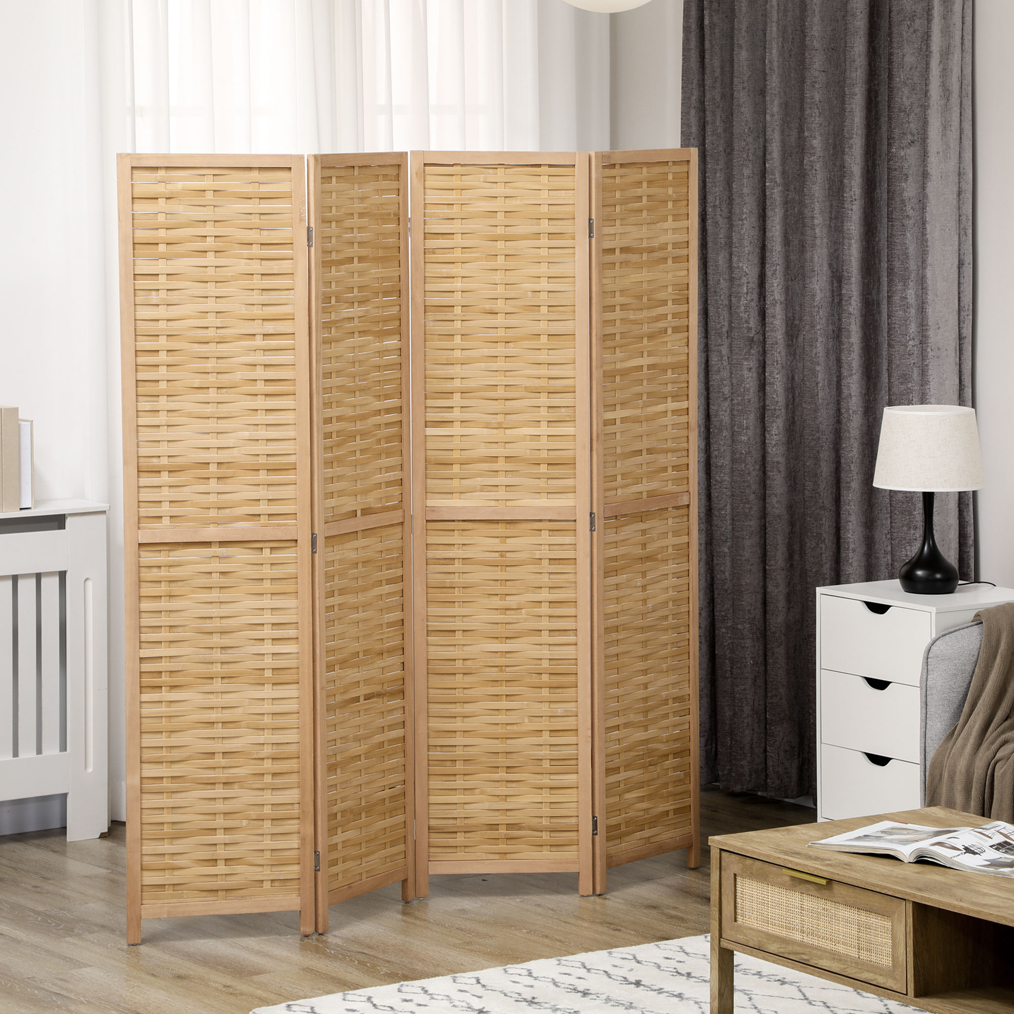 4-teiliger Raumteiler, 160 x 170 cm Faltbarer Sichtschutz aus Bambus für Wohnzimmer, Schlafzimmer, Natur