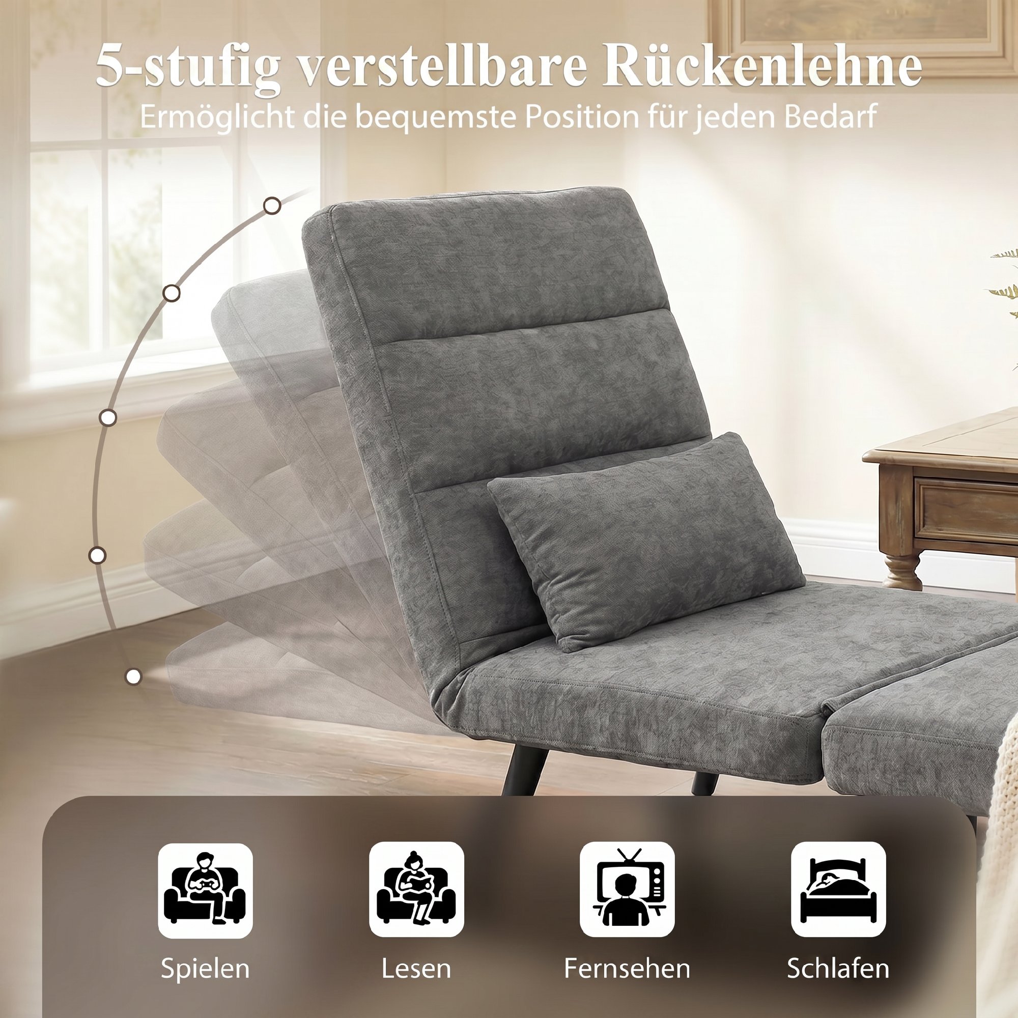 Schlafsessel 3 in 1 Klappbar Sessel mit Schlaffunktion, 186 x 60 cm Schlafsessel mit 5-stufig Verstellbarer Rückenlehne