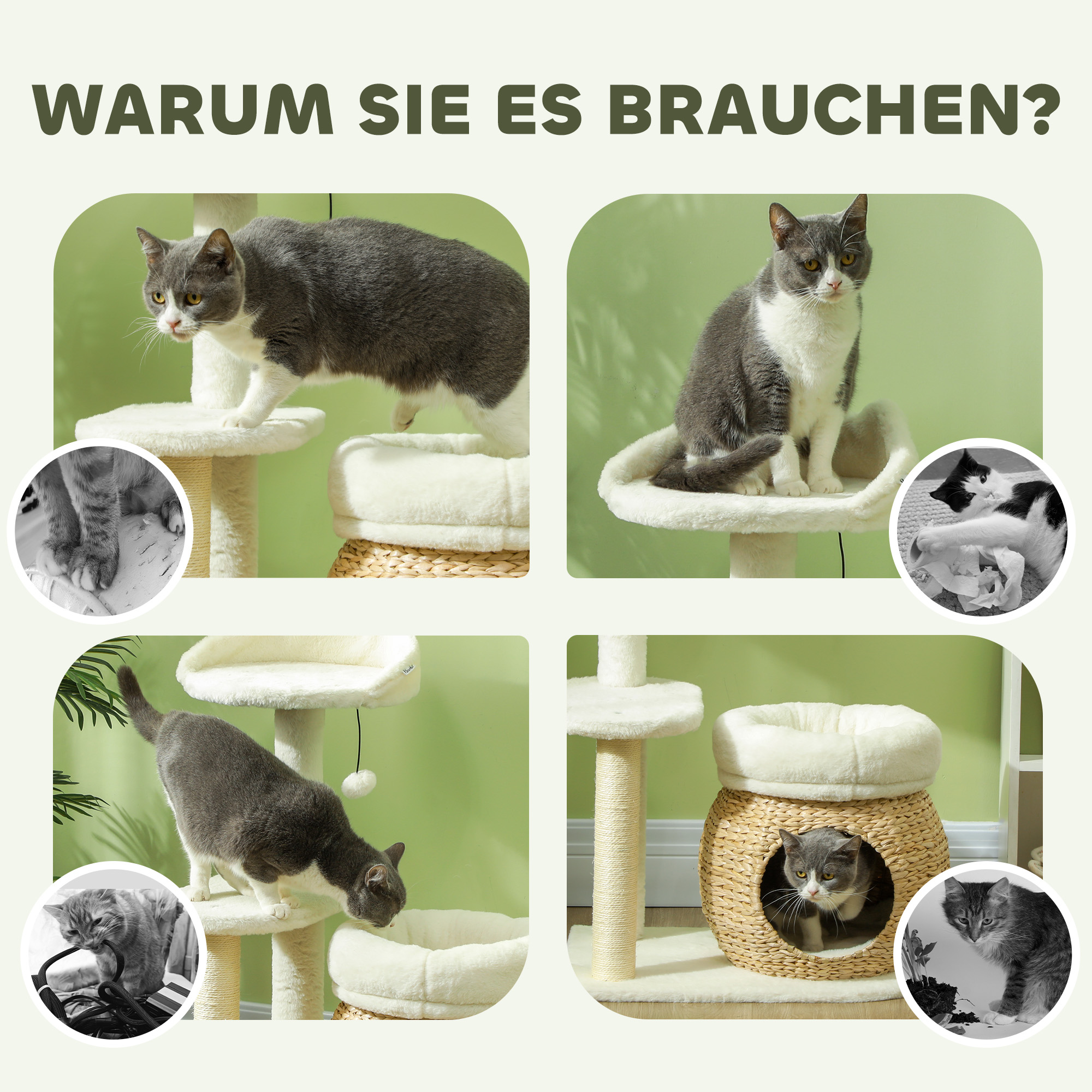 Kratzbaum mit Katzenhöhle, Spielball und Plattform, Schilfrohr/Sisal, bis 10 kg, 60 x 40 x 79 cm, Cremeweiß