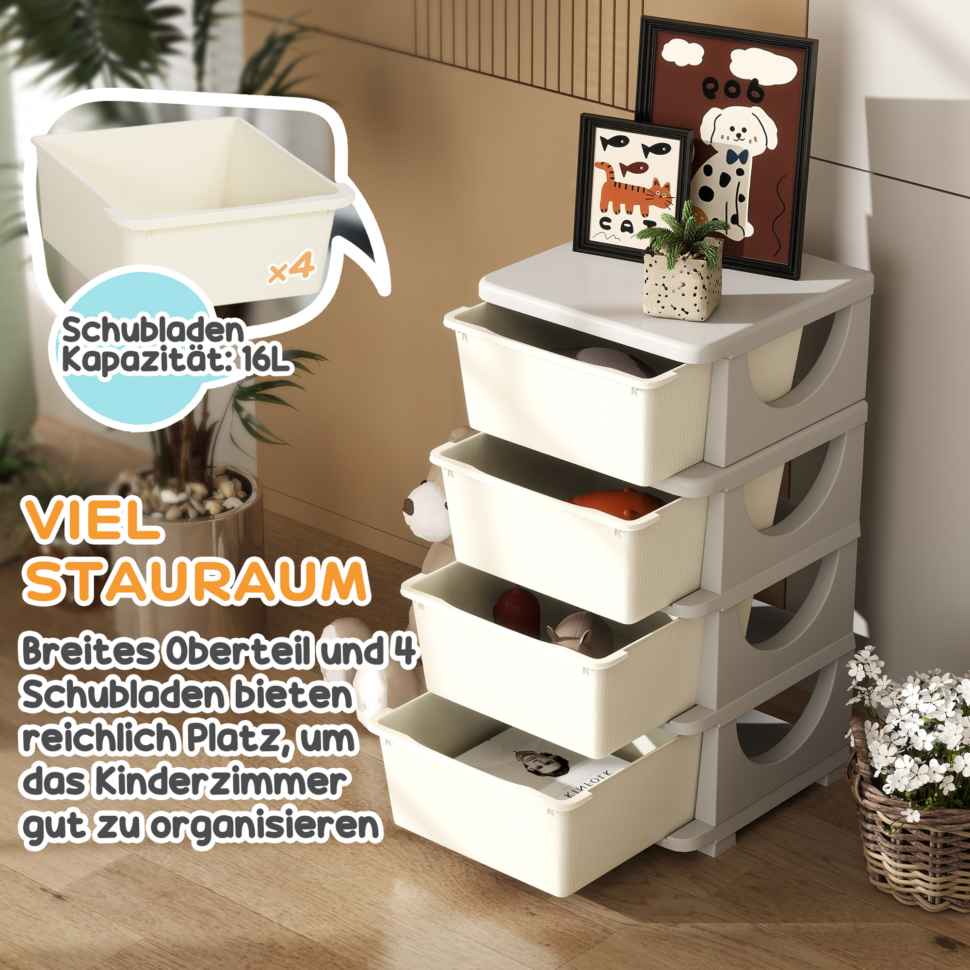 Aufbewahrungsboxen für Kinder, 4 große Schubladen, runde Kanten, Kunststoff, 37x37x76 cm, Cremeweiß