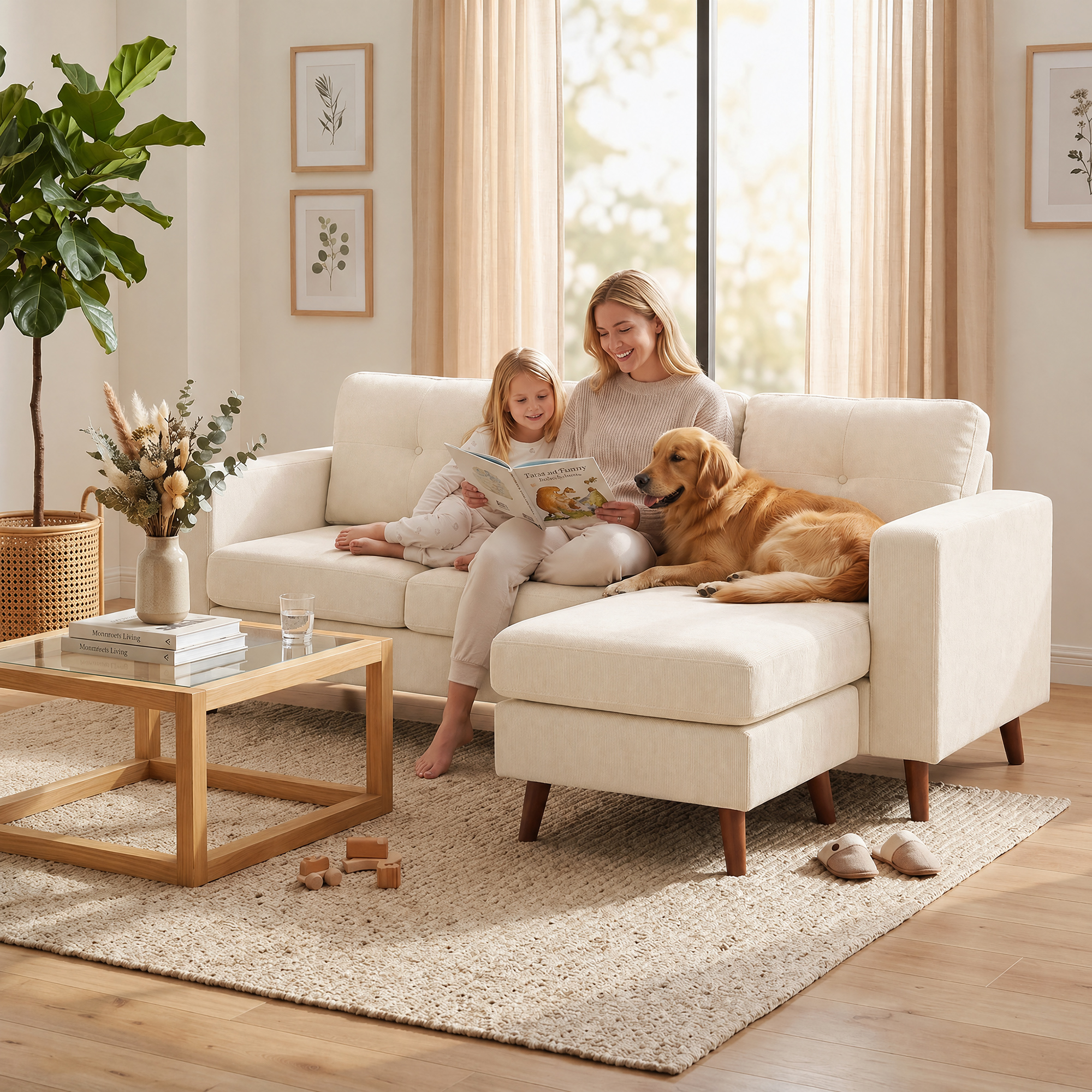 Ecksofa 192 cm L-Form 3-Sitzer Sofa mit umkehrbarer Chaiselongue, Cord-Optik, für kleinen Raum, Cremeweiß