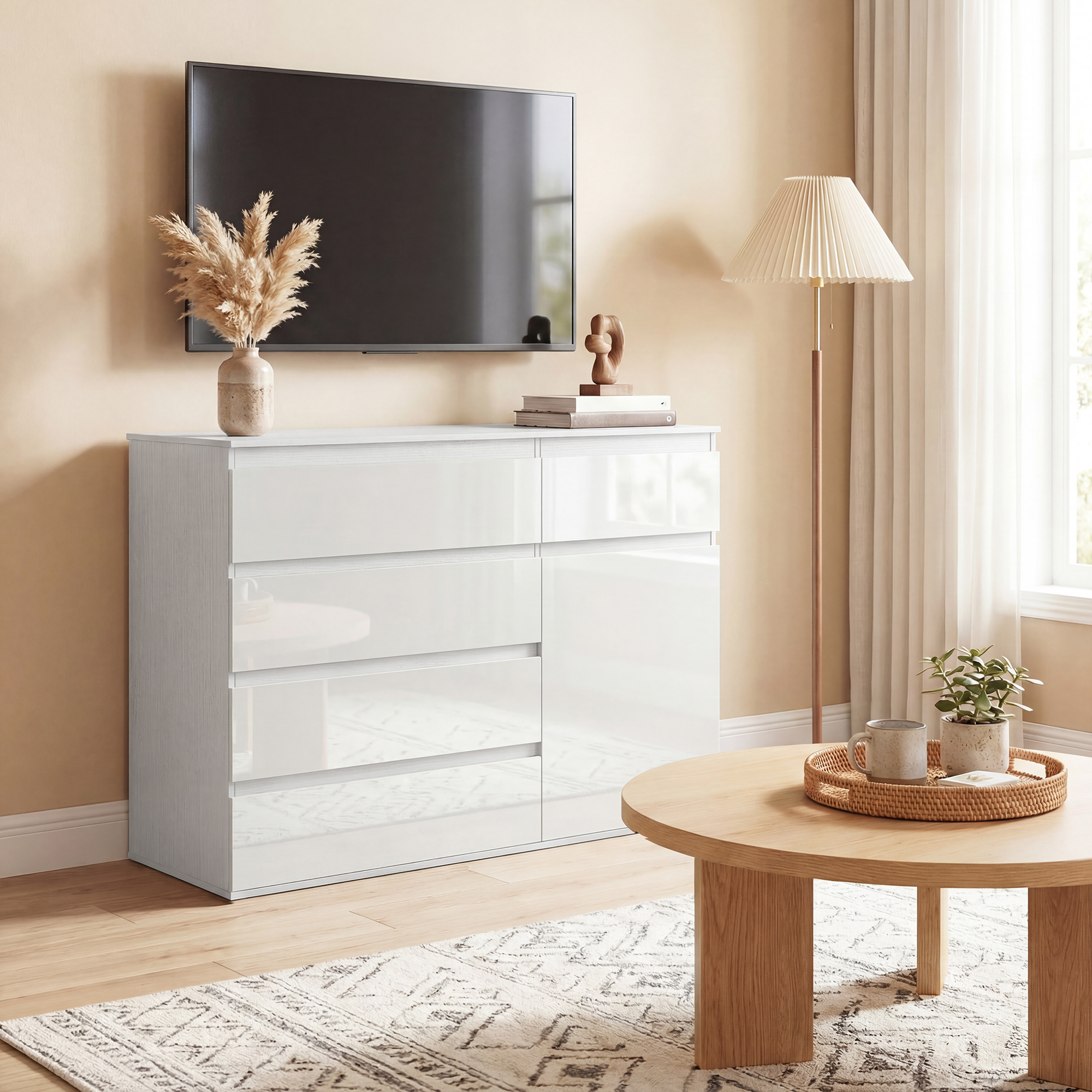 Modernes Sideboard, Stauraum-Sideboard mit 5 Schubladen, verstellbarem Regal, Soft-Close-Tür, Weiß Hochglanz