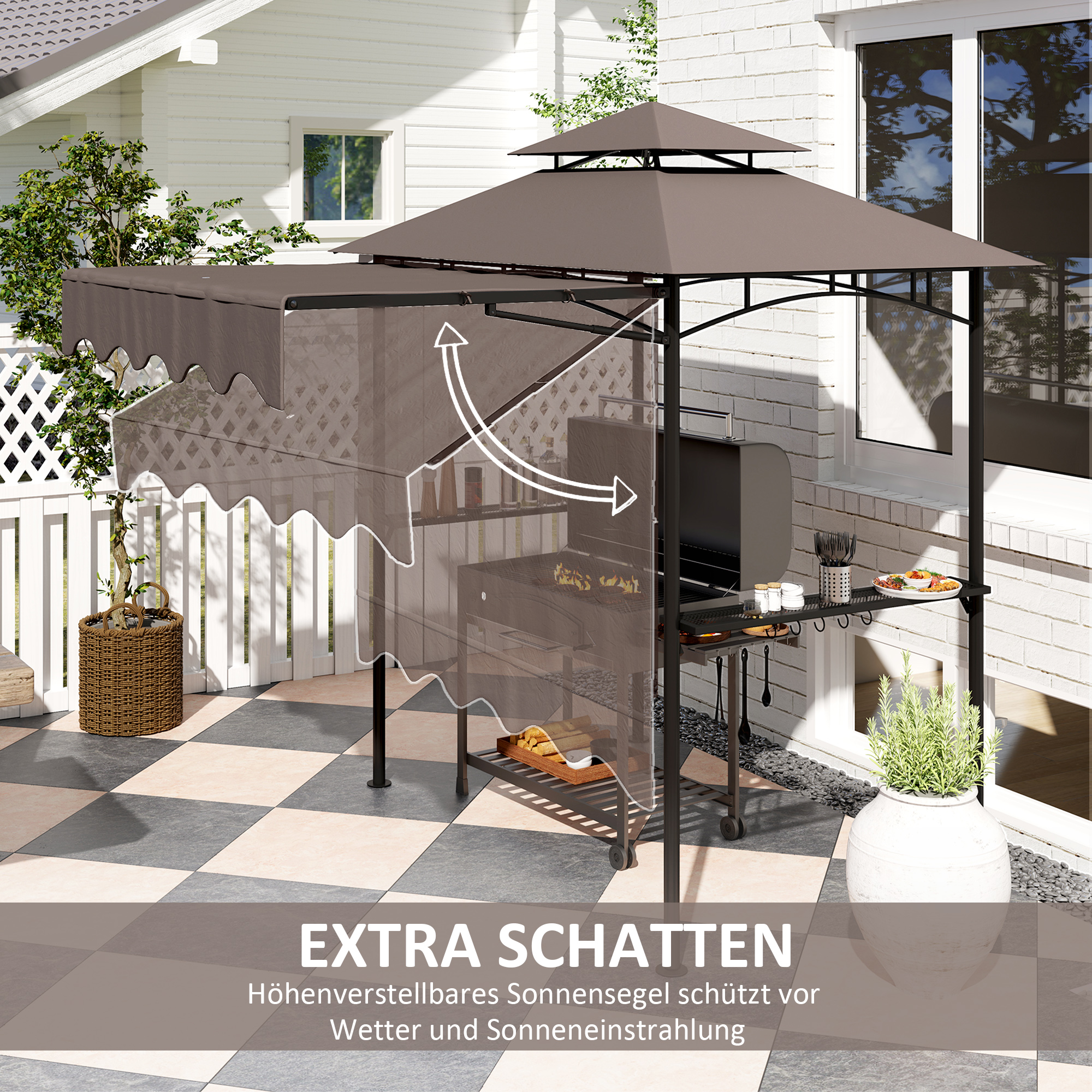 Grillpavillon 242x232x248 cm wasserabweisend flammhemmend Gartenpavillon mit Doppelschichtdach Kaffee
