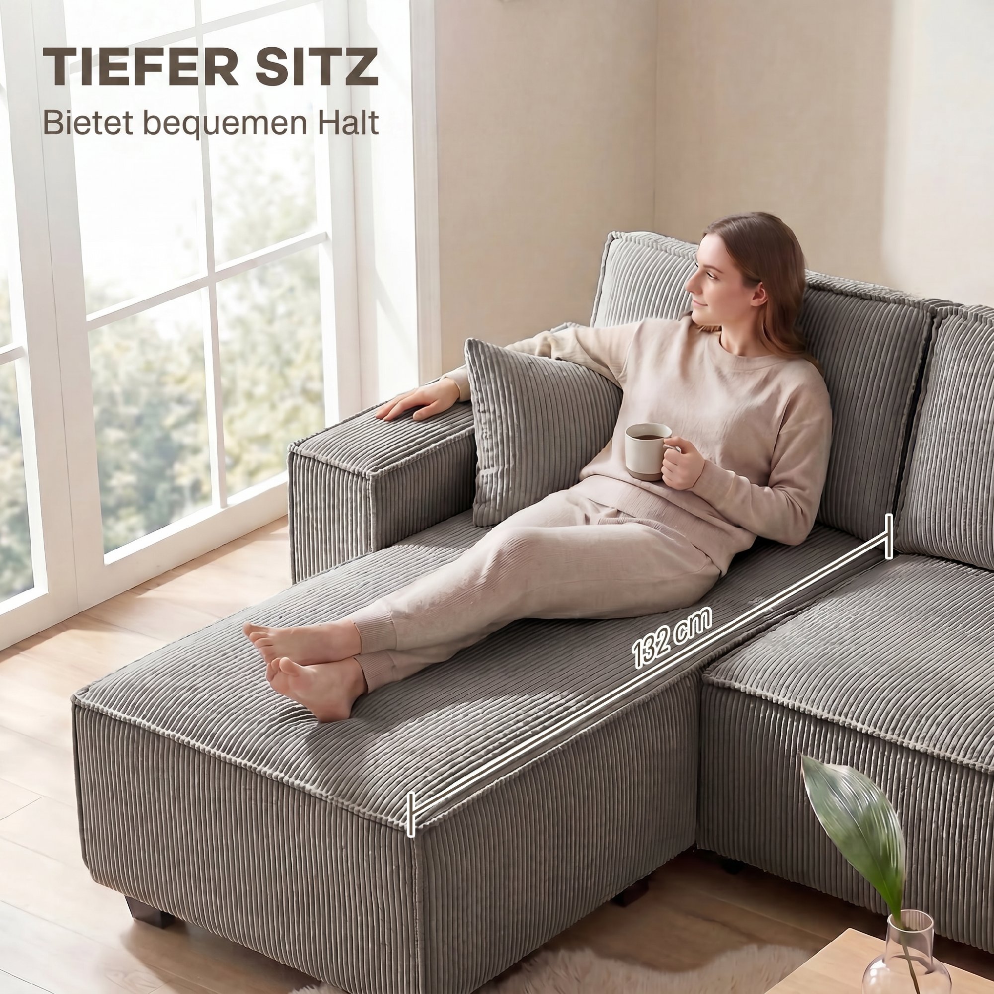 Ecksofa mit Doppel-Chaiselongues, U-förmiges Sofa aus Cordstoff mit breitem und tiefem Sitz, Federkernkissen, Hellgrau
