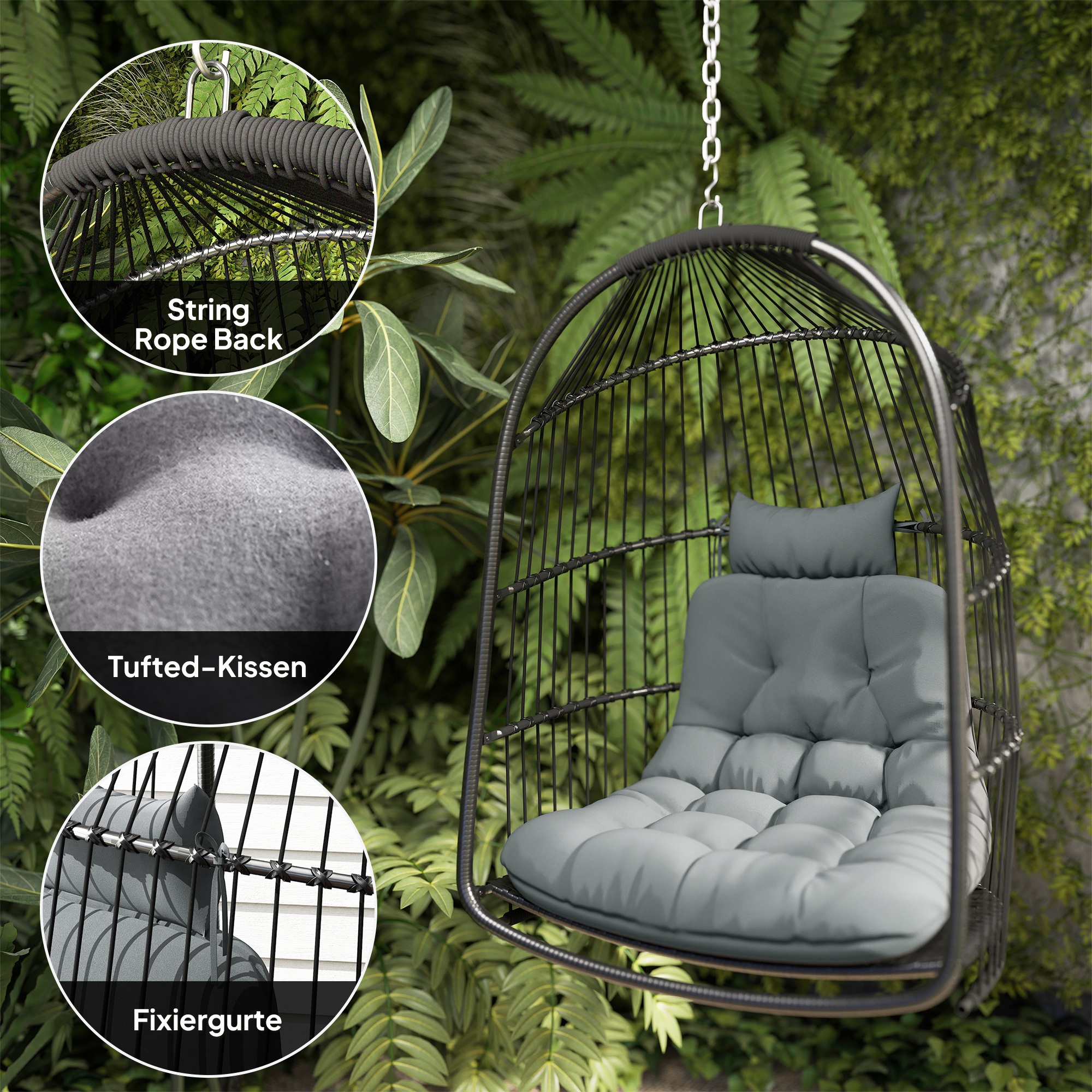 Hängesessel Hängekorb mit Kissen Polyrattan Schaukel Outdoor Indoor faltbar belastbar bis 150kg Dunkelgrau
