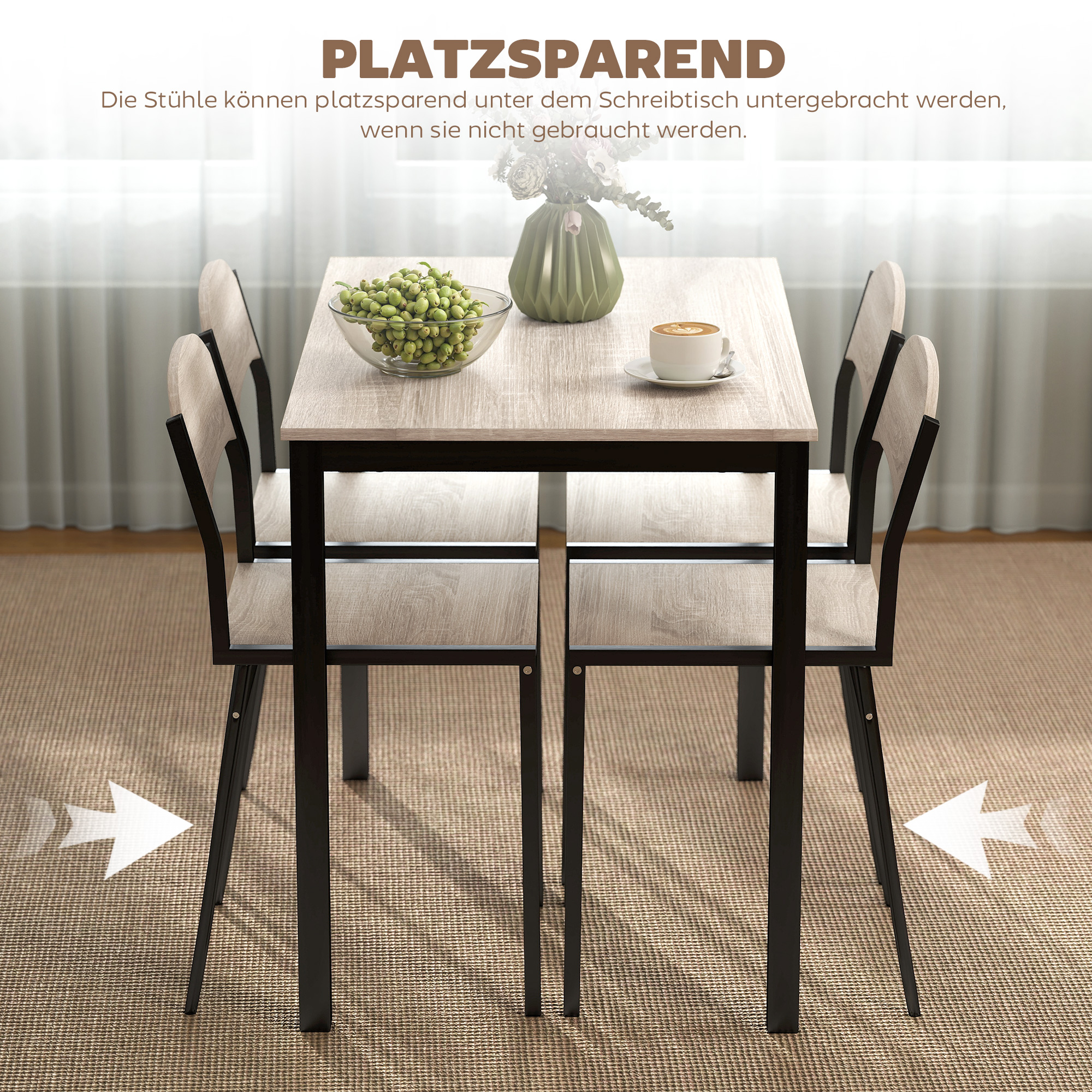 5-teilige Essgruppe, Esstisch mit 4 Stühlen, platzsparendes Küchentisch-Set, Sitzgruppe für Esszimmer, Küche, Schwarz