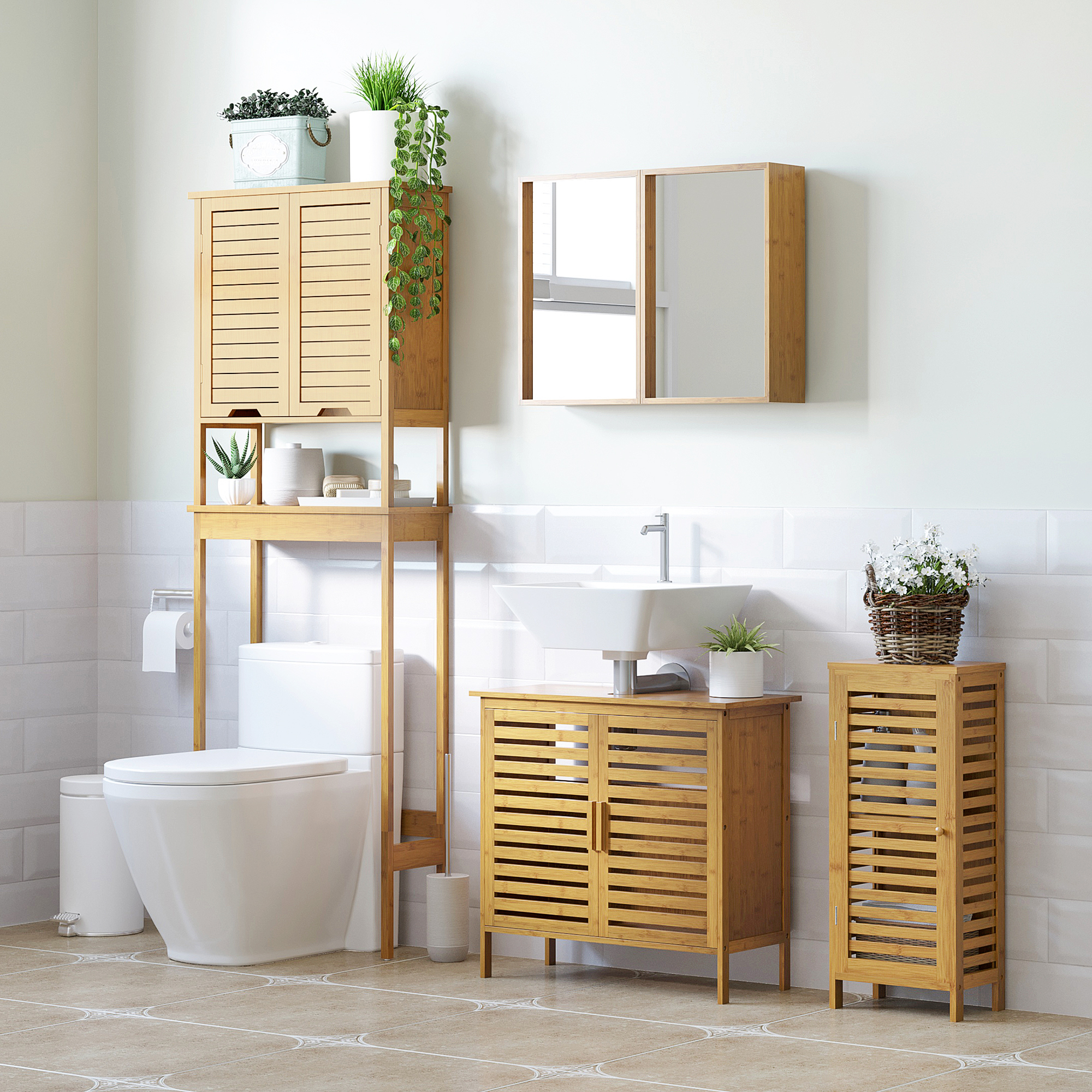 Badezimmerschrank mit Lamellentür, versetzbarem Einlegeboden, Naturbambus, 30x19,9x70 cm