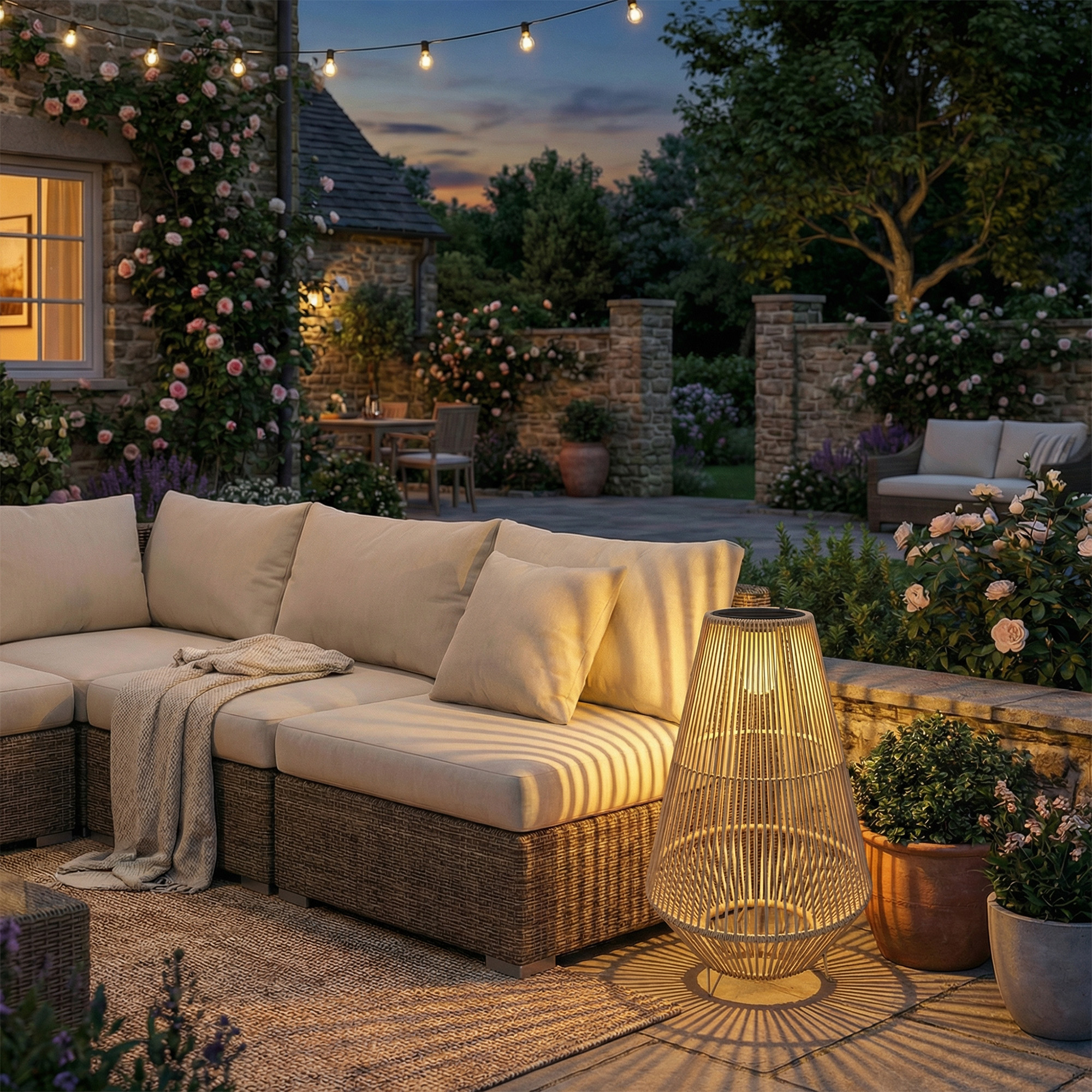 Solar Stehlampe Rattan Solarlampen mit Lichtsensor LED Solarleuchte im Boho-Stil IP44 Wasserdicht