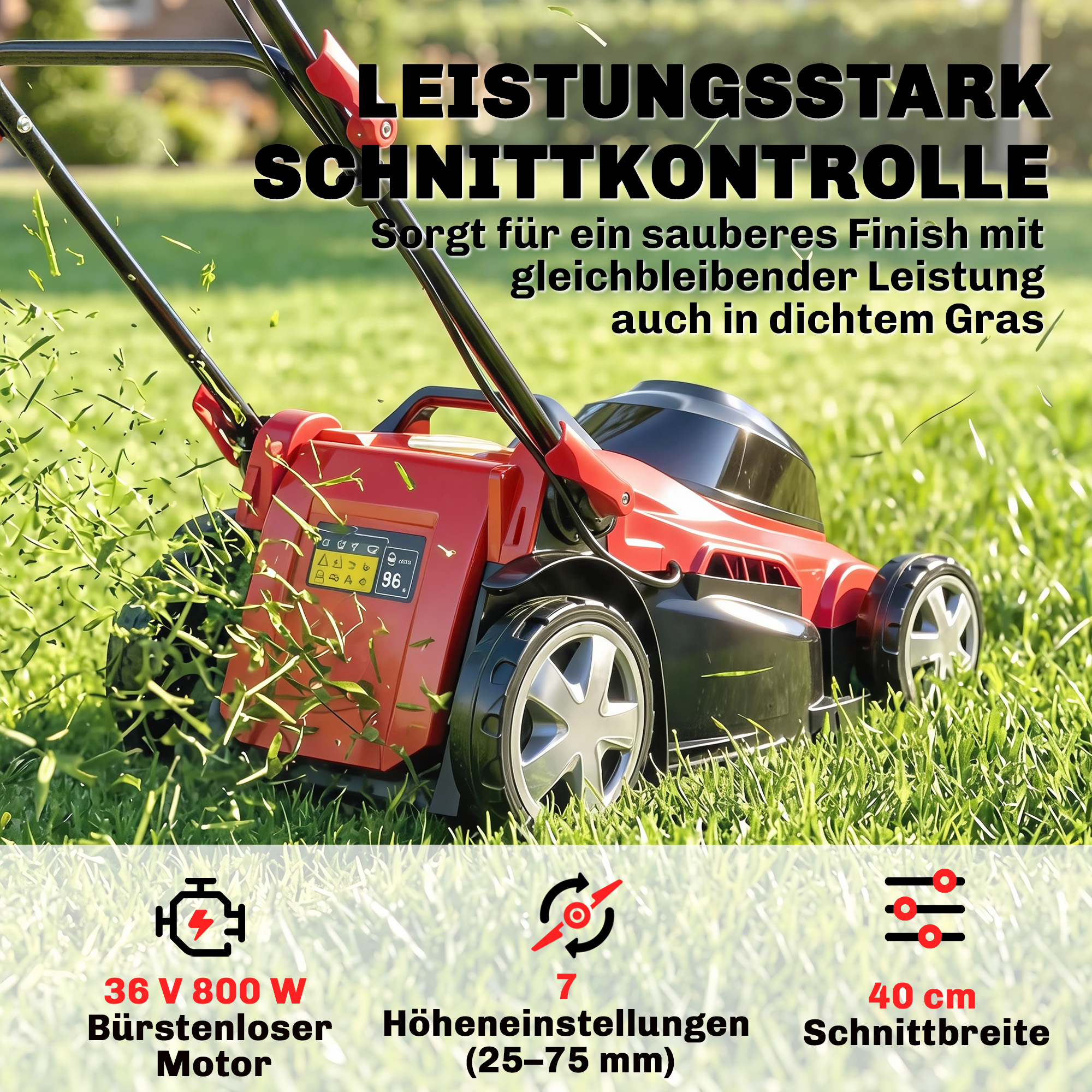 Elektro Rasenmäher 800 W mit 40 cm Schnittbreite 45L Fangkorb Akkuanzeige Überlastschutz 7 Schnitthöhen