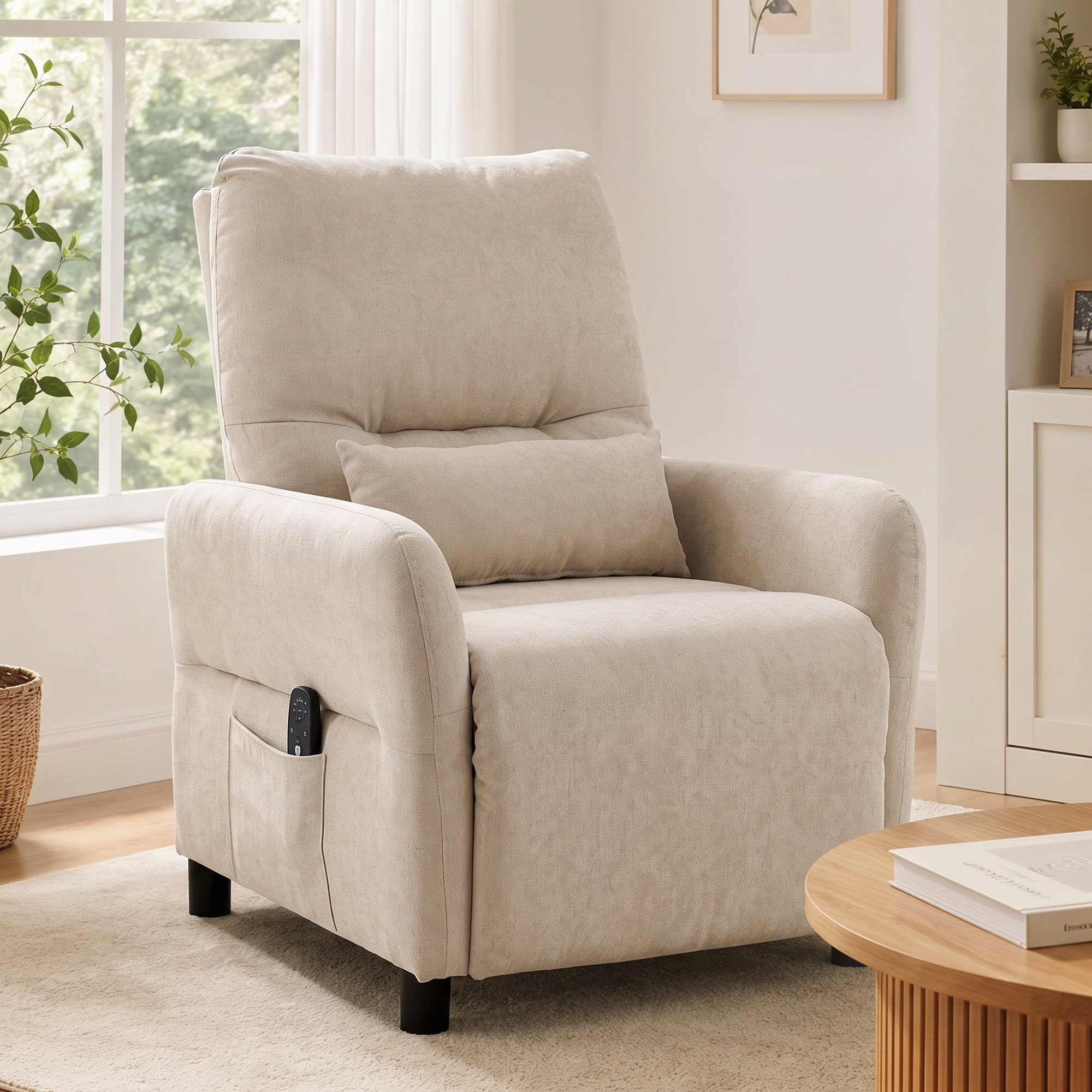 Relaxsessel mit Massage & Wärme, Liegefunktion, 2 Seitentaschen und ausziehbarer Fußstütze, Beige