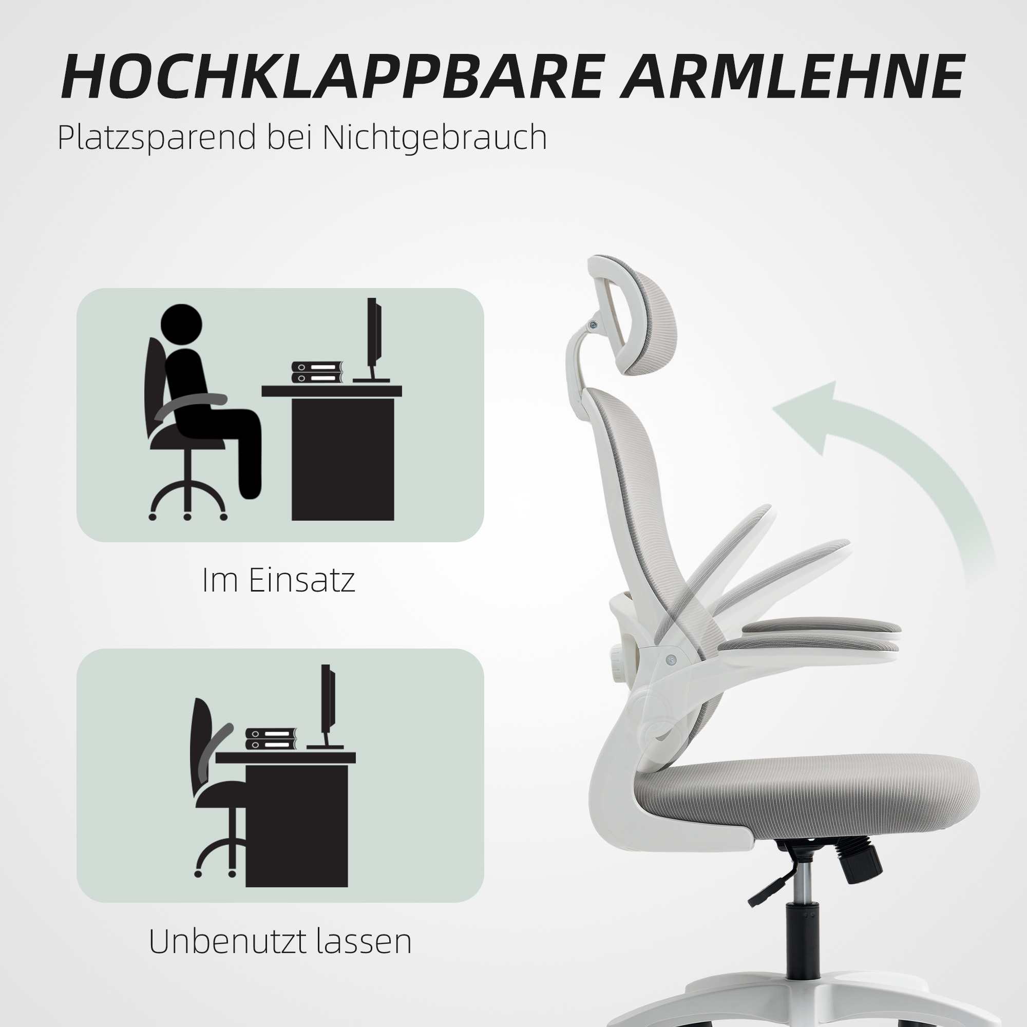 Ergonomischer Bürostuhl mit Netzstoff-Rückenlehne, höhenverstellbar, klappbare Armlehnen, 5 Rollen, Wippfunktion, Grau