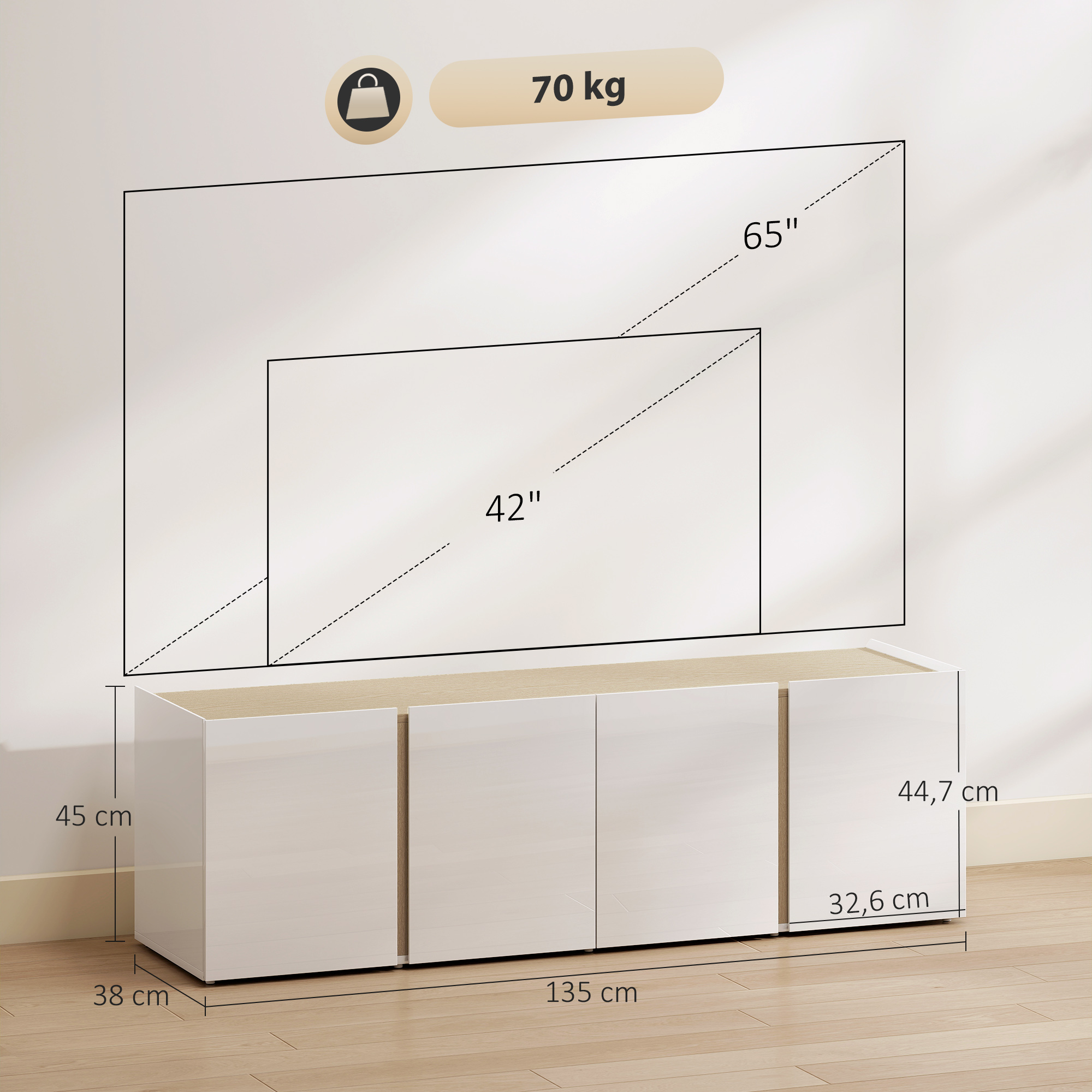 TV-Kommode für 65-Zoll-Fernseher, Fernseh-Schrank mit Soft-Close-Türen, anpassbare Regale, Kabellöcher, für Wohnzimmer, Weiß