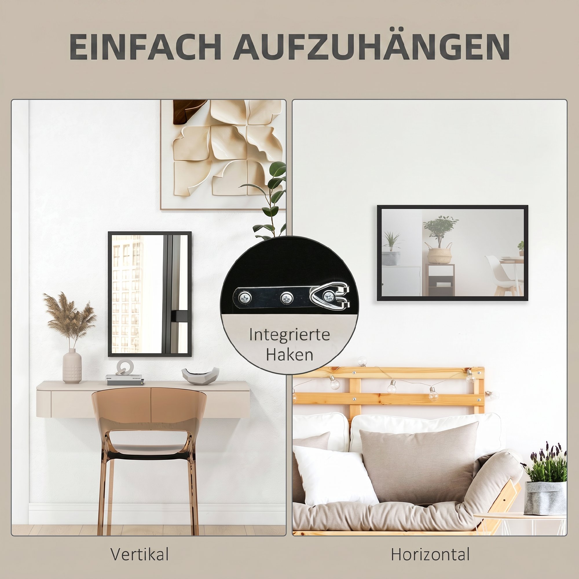 Wandspiegel, 40 x 60 cm, Dekorativer Hängespiegel, einfache Montage, inkl. Schrauben