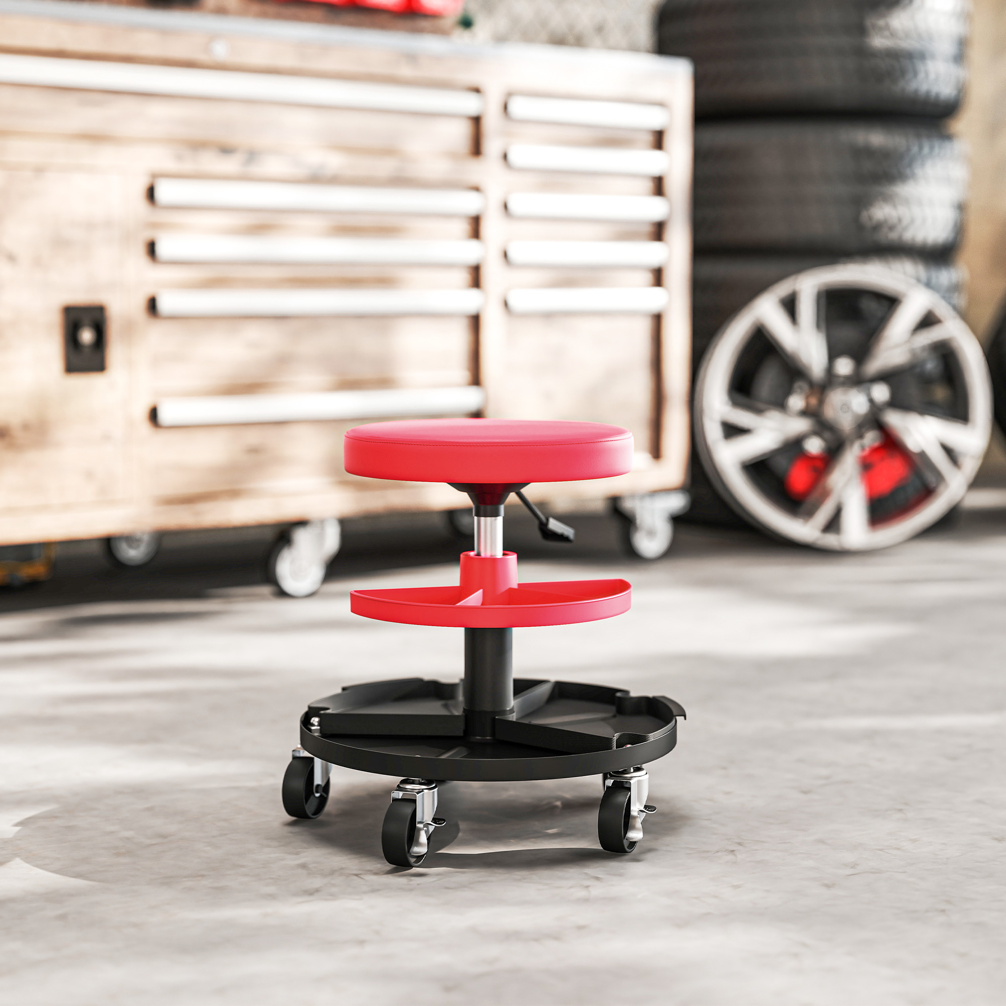 Werkstatthocker mit Rollen Tabletts höhenverstellbar 40-51cm Rollhocker bis 135 kg belastbar Rot
