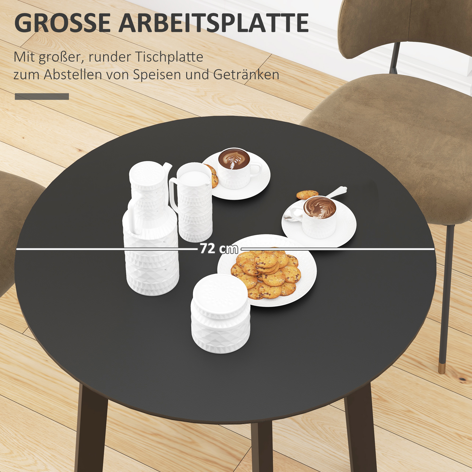 Esstisch für 2 Personen, weiße Tischplatte, Metallbeine mit Fußkappen, Ø72 x 75H cm, Schwarz