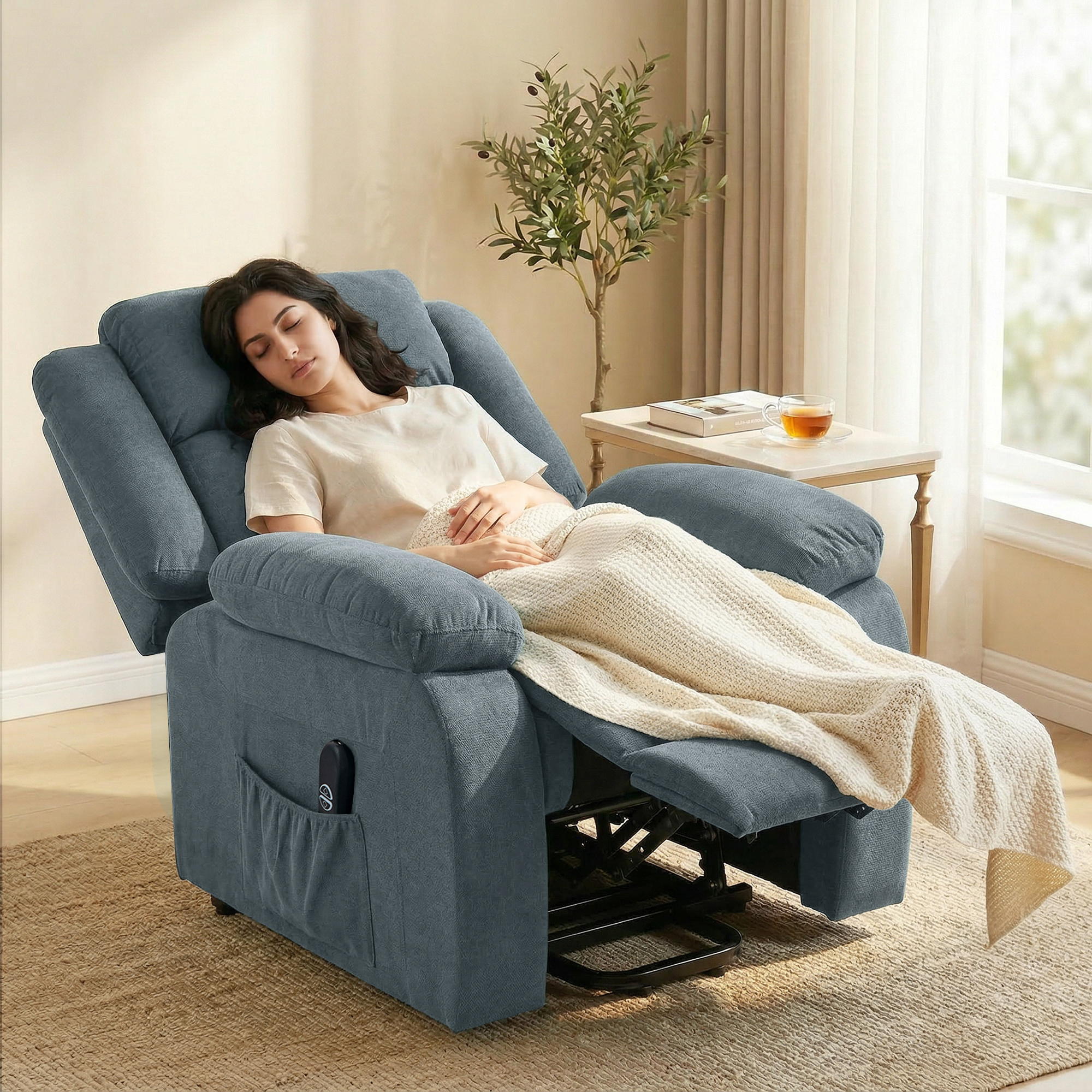 Aufstehsessel mit weichem Bezug, Recliner-Sessel mit Fernbedienung und Seitentaschen, Grau
